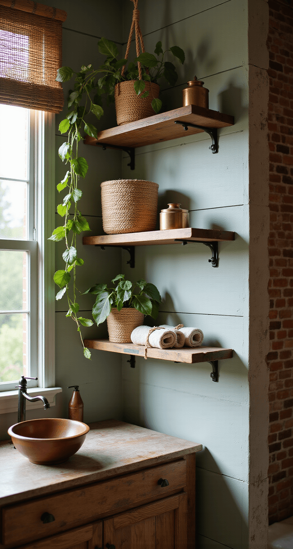 Bathroom Shelves Decor: Transform Your Space with Style and Functionality A cozy Bohemian-style bathroom corner with reclaimed wood floating shelves against sage green shiplap walls, dappled afternoon light from a bamboo window shade, featuring woven rattan baskets, a trailing pothos plant, vintage brass containers, and jute towels tied with twine. An exposed brick accent wall and a weathered wood vanity with a copper vessel sink create an eclectic and nature-inspired atmosphere.