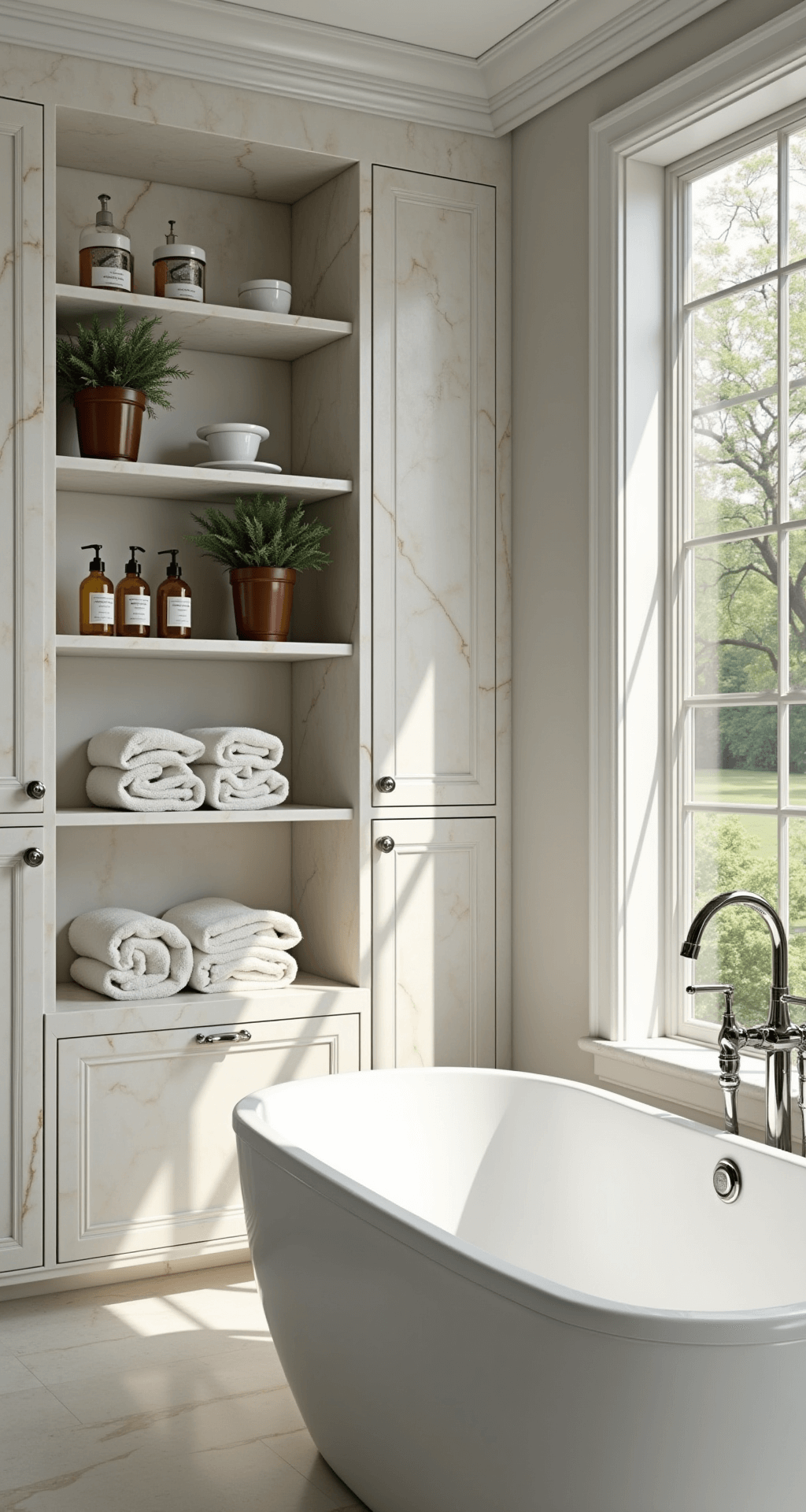 Bathroom Shelves Decor: Transform Your Space with Style and Functionality Luxury master bathroom featuring a built-in marble shelving unit beside a deep soaking tub, illuminated by morning sunlight. The white Carrara marble with gold veining complements the chrome fixtures. Shelves are adorned with snake plants, amber jars, and neutral-tinted spa towels, creating a serene, high-end hotel spa ambiance.