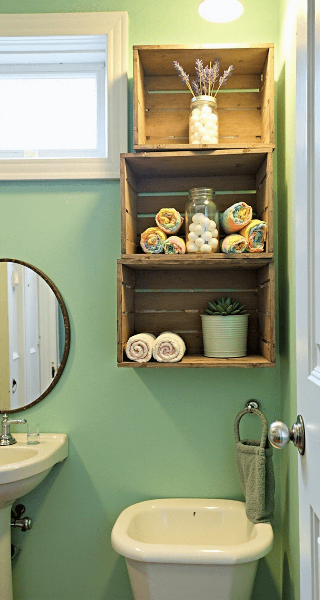 Bathroom Shelves Decor: Transform Your Space with Style and Functionality Budget-friendly bathroom makeover featuring repurposed wooden crates as shelving on a mint green wall, illuminated by soft afternoon light from a small window. The DIY shelves display mason jars with cotton balls, a thrift store ceramic vase with dried lavender, rolled colorful towels, and a small succulent in a painted tin can, complemented by a vintage mirror reflecting warm overhead lighting. Below, a white pedestal sink with a simple chrome faucet completes the charming cottage style.