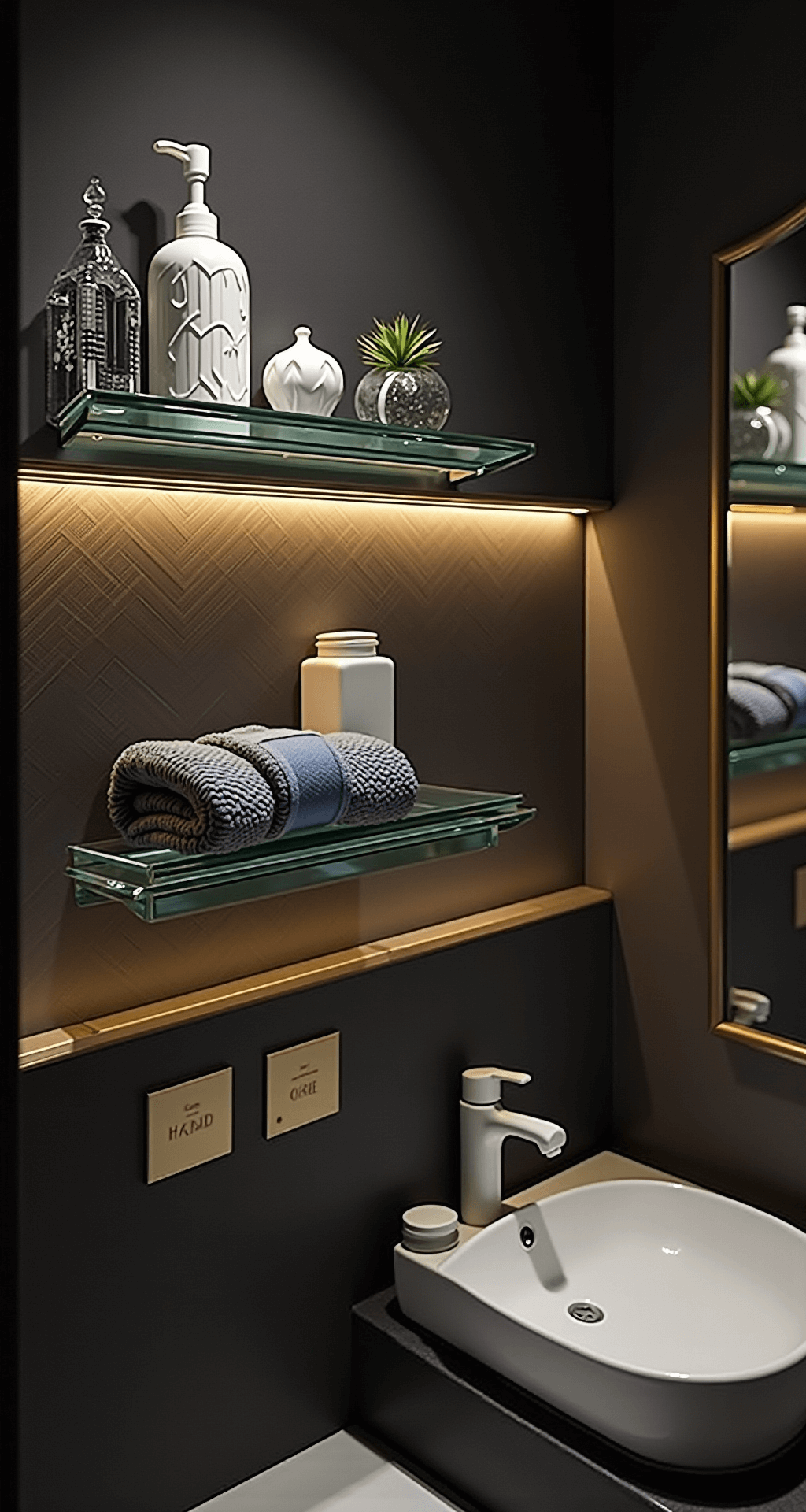 Bathroom Shelves Decor: Transform Your Space with Style and Functionality A contemporary powder room with a charcoal accent wall featuring glass floating shelves illuminated by LED strips, displaying geometric patterned glass containers, a white ceramic soap dispenser, a hanging glass orb with an air plant, and deep navy luxury hand towels. A gold-framed mirror reflects warm light above a modern vessel sink on a floating vanity, all captured from a chest-height perspective with moody lighting and dramatic contrasts.