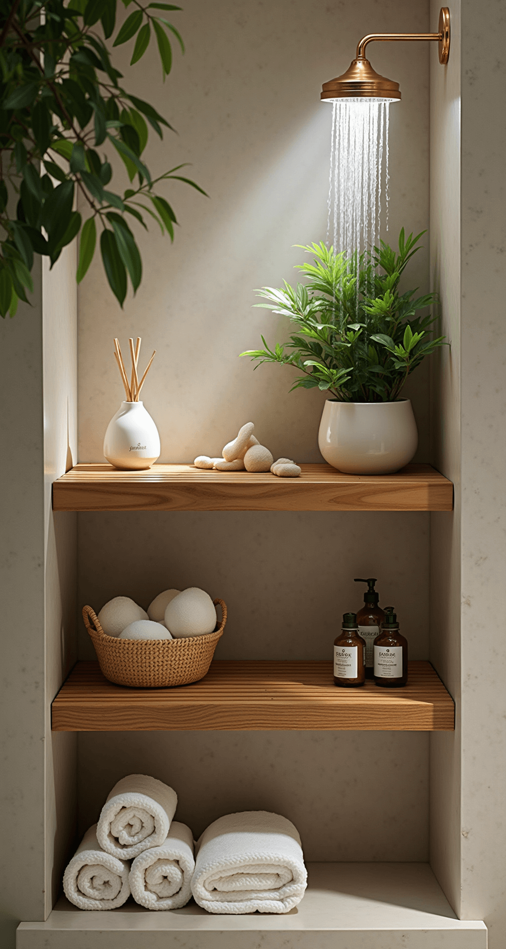 Bathroom Shelves Decor: Transform Your Space with Style and Functionality Spa-inspired bathroom alcove featuring a bamboo shelving system against a natural stone wall, adorned with humidity-loving Boston ferns, essential oil diffuser, rolled white towels, sea sponges, and organic bath products. A rainfall showerhead is visible in the background, with droplets glistening in soft, steamy light, creating a tranquil and serene atmosphere.