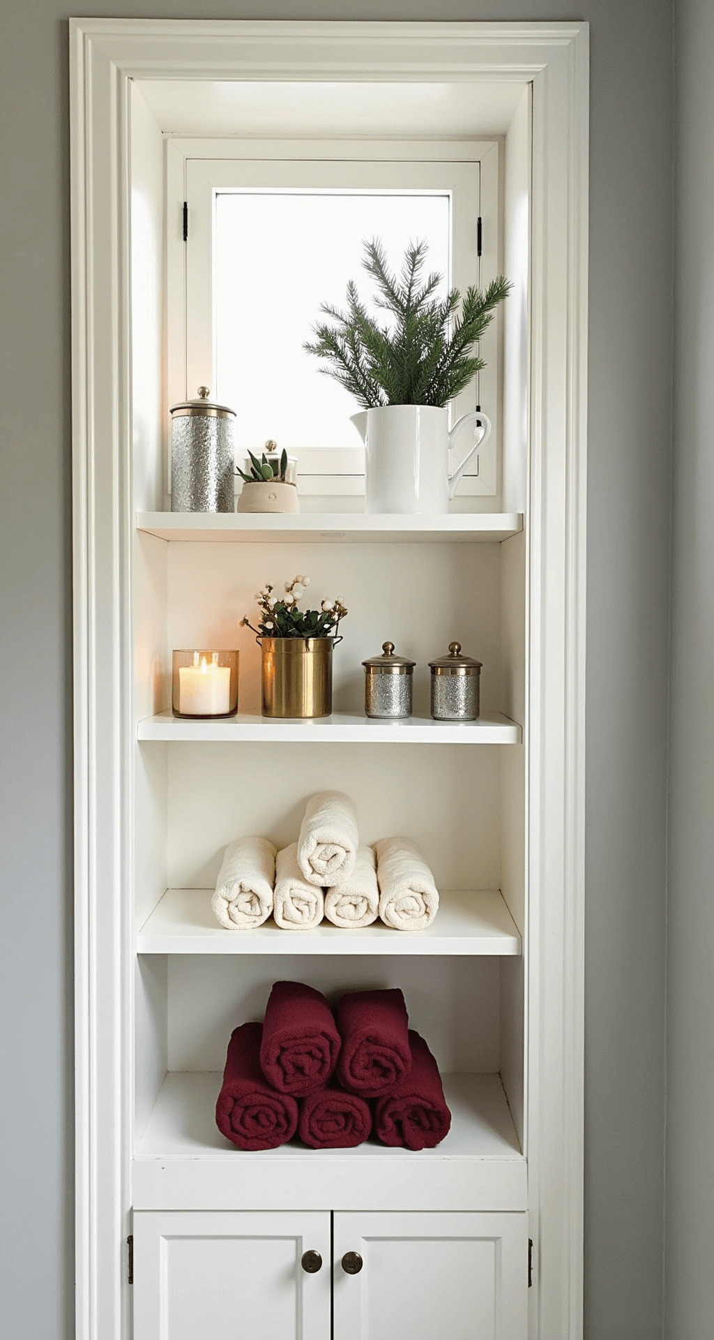 Bathroom Shelves Decor: Transform Your Space with Style and Functionality A beautifully styled bathroom shelf with a winter holiday theme, featuring a white ceramic pitcher with pine branches, silver mercury glass votives, rolled towels in burgundy and cream, vintage brass containers, and small potted paperwhite bulbs, all bathed in soft afternoon light through privacy glass. The walls are a soft gray with white trim and traditional chrome fixtures, creating a warm and elegant ambiance.