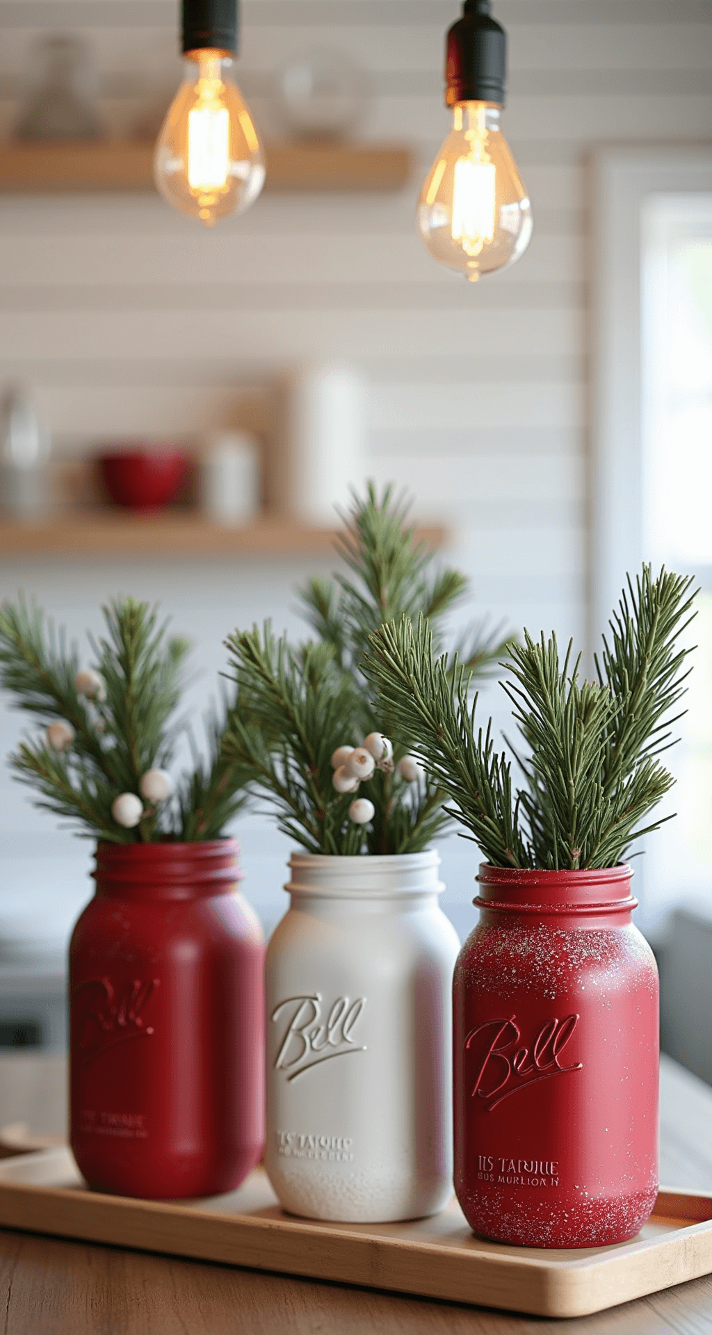A modern farmhouse kitchen island features a trio of graduated-height mason jars in matte red and white with glitter accents, filled with fresh pine and white berry sprigs. The backdrop is white shiplap, and warm Edison bulbs illuminate the scene, captured from eye level with a shallow depth of field focusing on the details of the jars.
