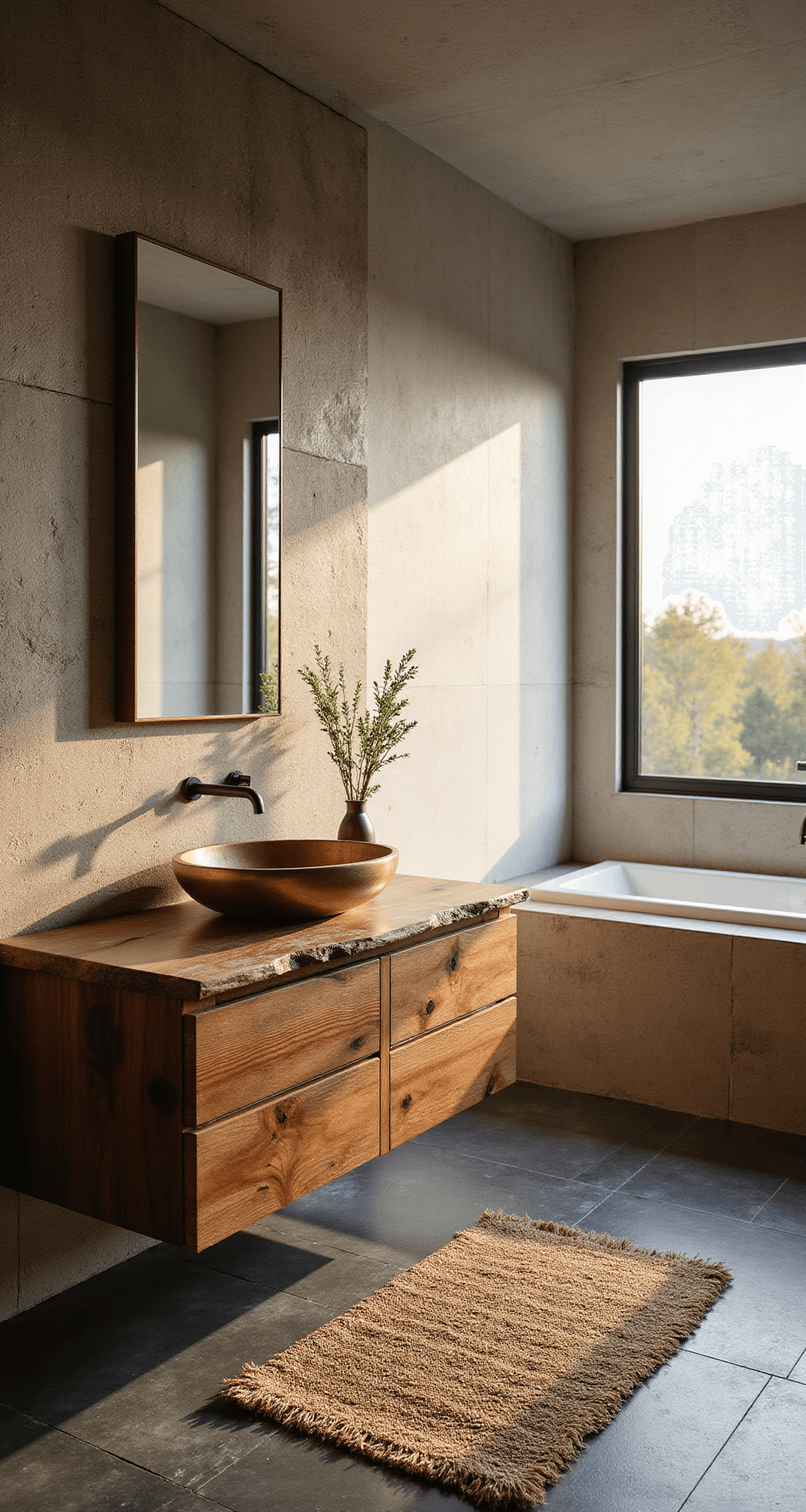 Modern Bathroom Decor 2025: Your Ultimate Guide to Creating a Spa-Like Sanctuary Spacious master bathroom featuring a reclaimed teak vanity, rough-hewn limestone accent wall, smooth charcoal slate floor tiles, and a brass vessel sink on a live-edge wood countertop, all illuminated by golden hour sunlight for a warm, spa-like ambiance.