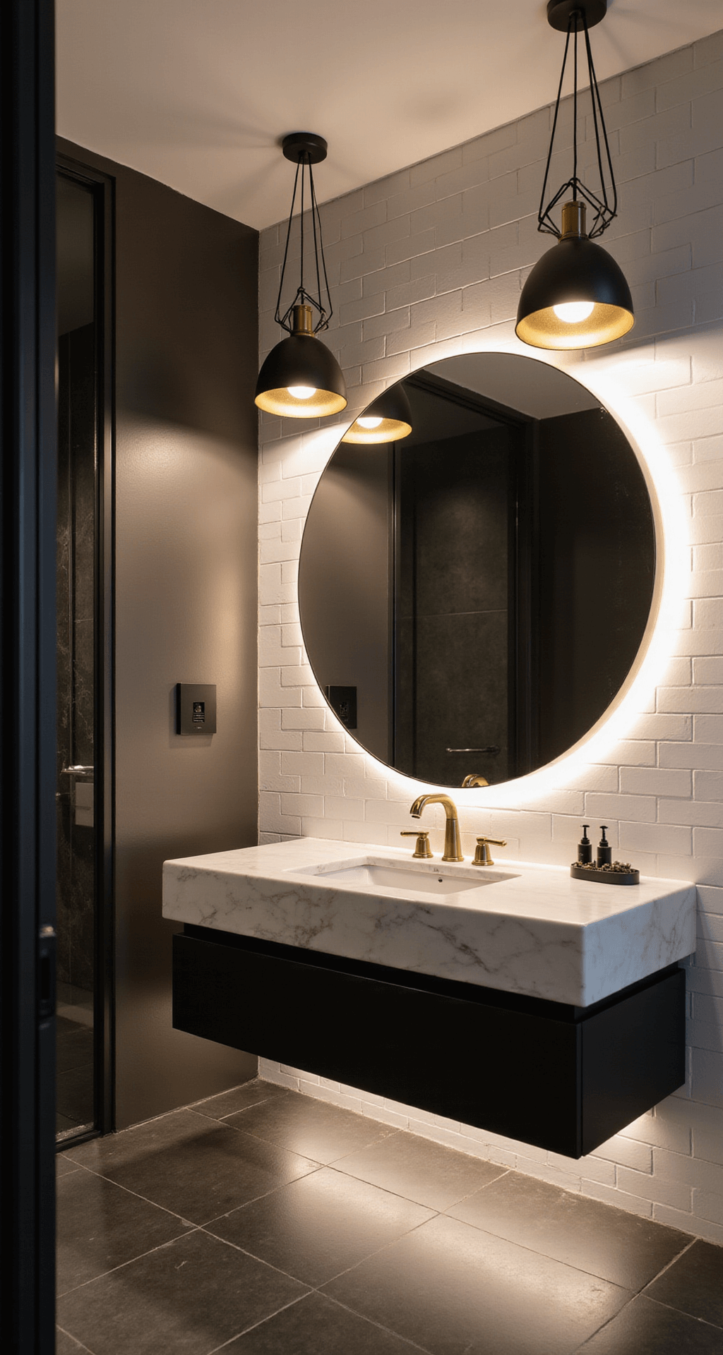 Modern Bathroom Decor 2025: Your Ultimate Guide to Creating a Spa-Like Sanctuary A contemporary bathroom featuring an oversized backlit circular mirror above a white quartz vanity, flanked by geometric brass pendant lights. Ambient LED strip lighting under a floating vanity illuminates dark tile flooring, while recessed ceiling spots provide task lighting. The scene showcases a sophisticated interplay of warm and cool hues, with matte black fixtures and white subway tiles creating a classic contrast.