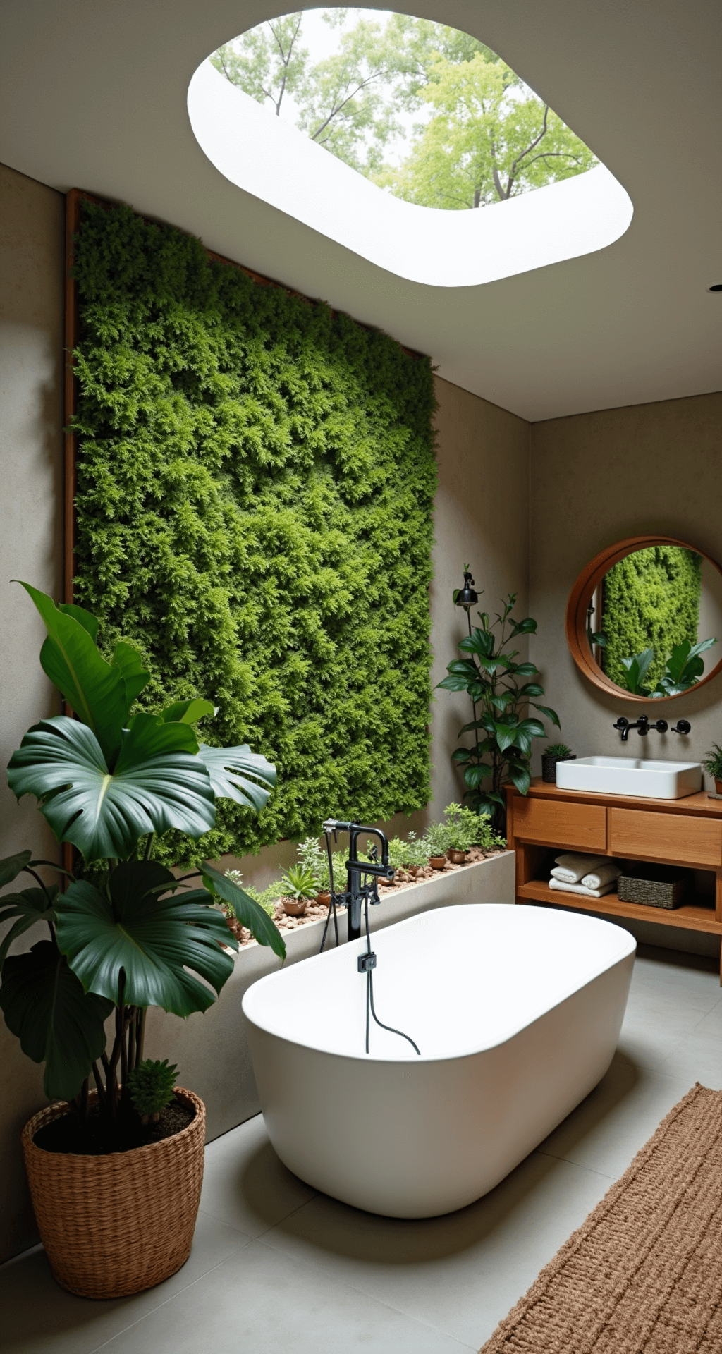 Modern Bathroom Decor 2025: Your Ultimate Guide to Creating a Spa-Like Sanctuary Biophilic wellness bathroom with mid-century modern design features, including a freestanding white soaking tub, large monstera, living moss wall, natural oak vanity with planters, river rock shower floor, and skylight, all bathed in soft morning light.