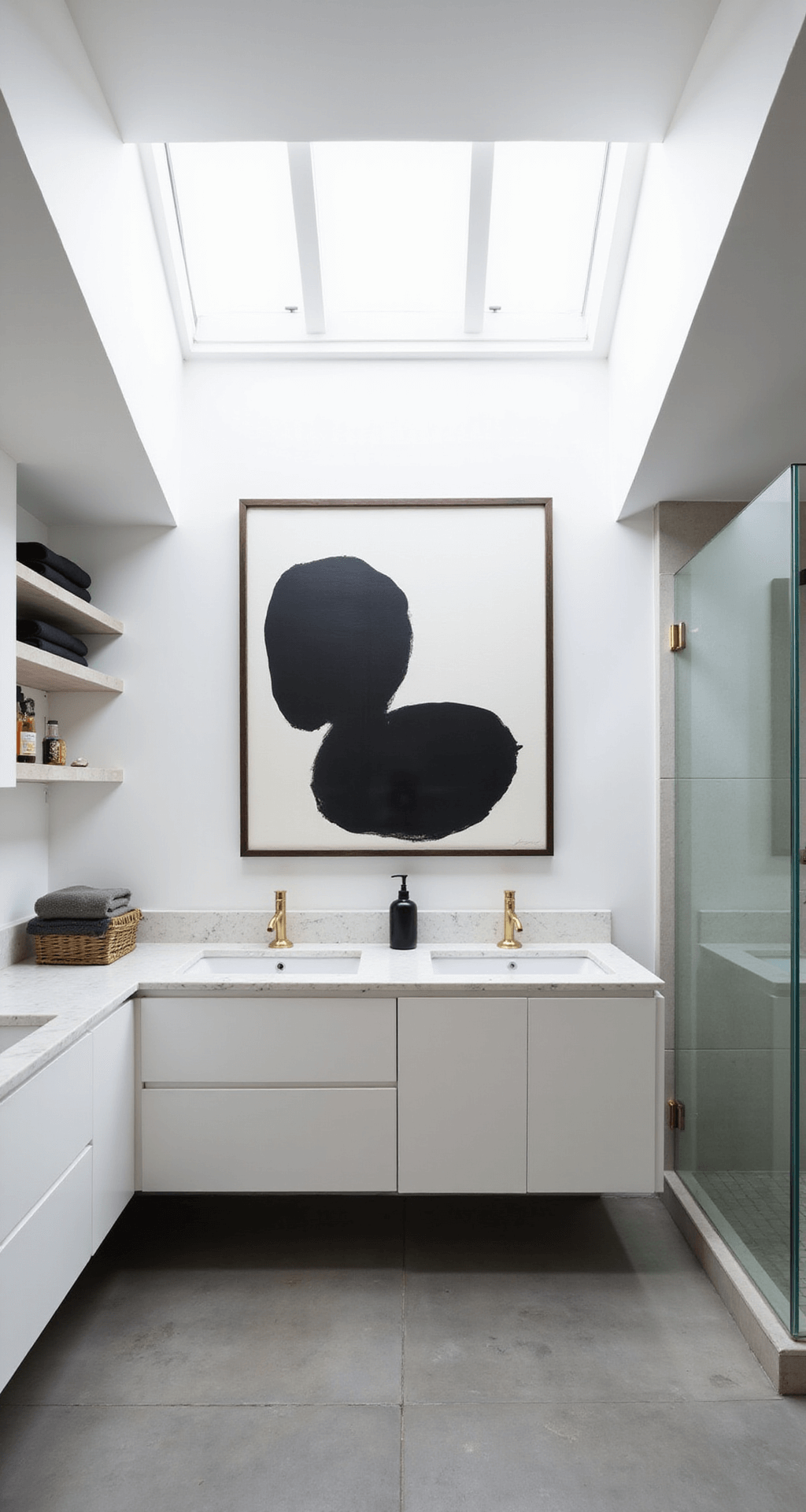 Modern Bathroom Decor 2025: Your Ultimate Guide to Creating a Spa-Like Sanctuary Minimalist chic bathroom featuring handleless white lacquer vanities, large abstract black and white artwork above a floating double vanity, clear quartz countertops with a single brass soap dispenser, hidden LED lighting, frameless glass shower enclosure, polished concrete floors, and natural light from clerestory windows, captured in a symmetrical composition with a zen-like atmosphere.