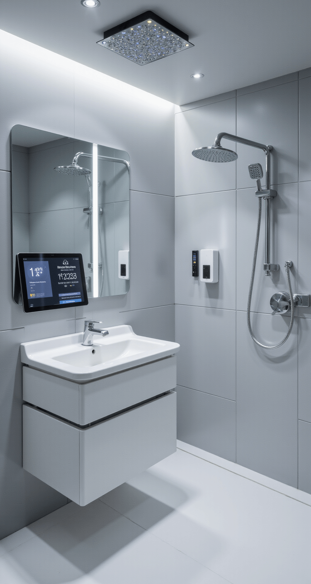 Modern Bathroom Decor 2025: Your Ultimate Guide to Creating a Spa-Like Sanctuary Futuristic bathroom interior featuring smart mirror with weather and calendar, digital rainfall shower system with LED indicators, heated floors controlled via app, integrated Bluetooth speakers, and motion-sensor lighting, all in a sleek white and gray color scheme with chrome accents, showcasing contemporary design and high-tech functionality.