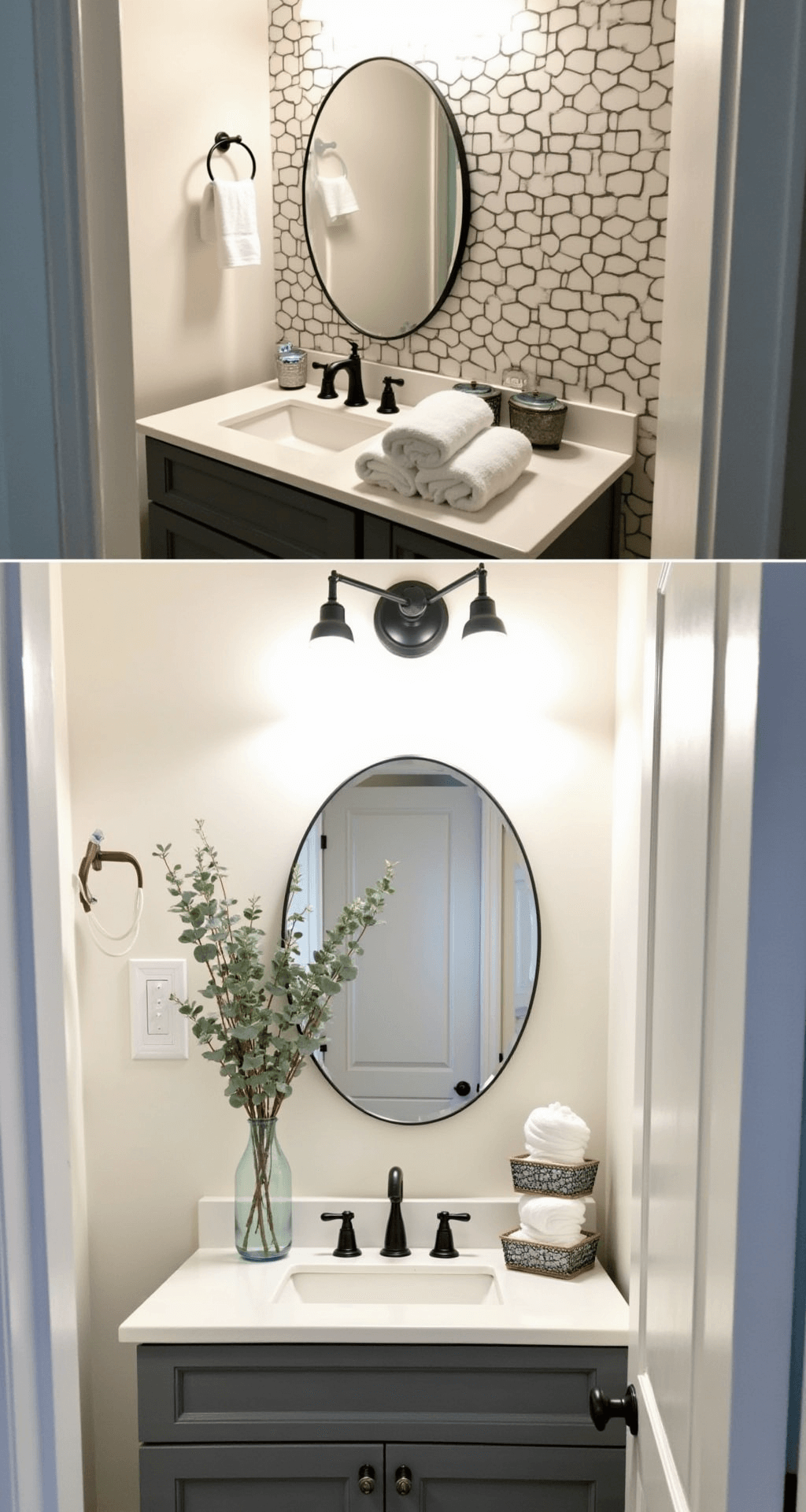 Modern Bathroom Decor 2025: Your Ultimate Guide to Creating a Spa-Like Sanctuary Before-and-after transformation of a small, budget-friendly modern bathroom featuring updated dark gray grout in white subway tiles, matte black hardware, removable geometric wallpaper accent wall, organized glass storage containers, fresh eucalyptus, plush white towels, and improved LED lighting.