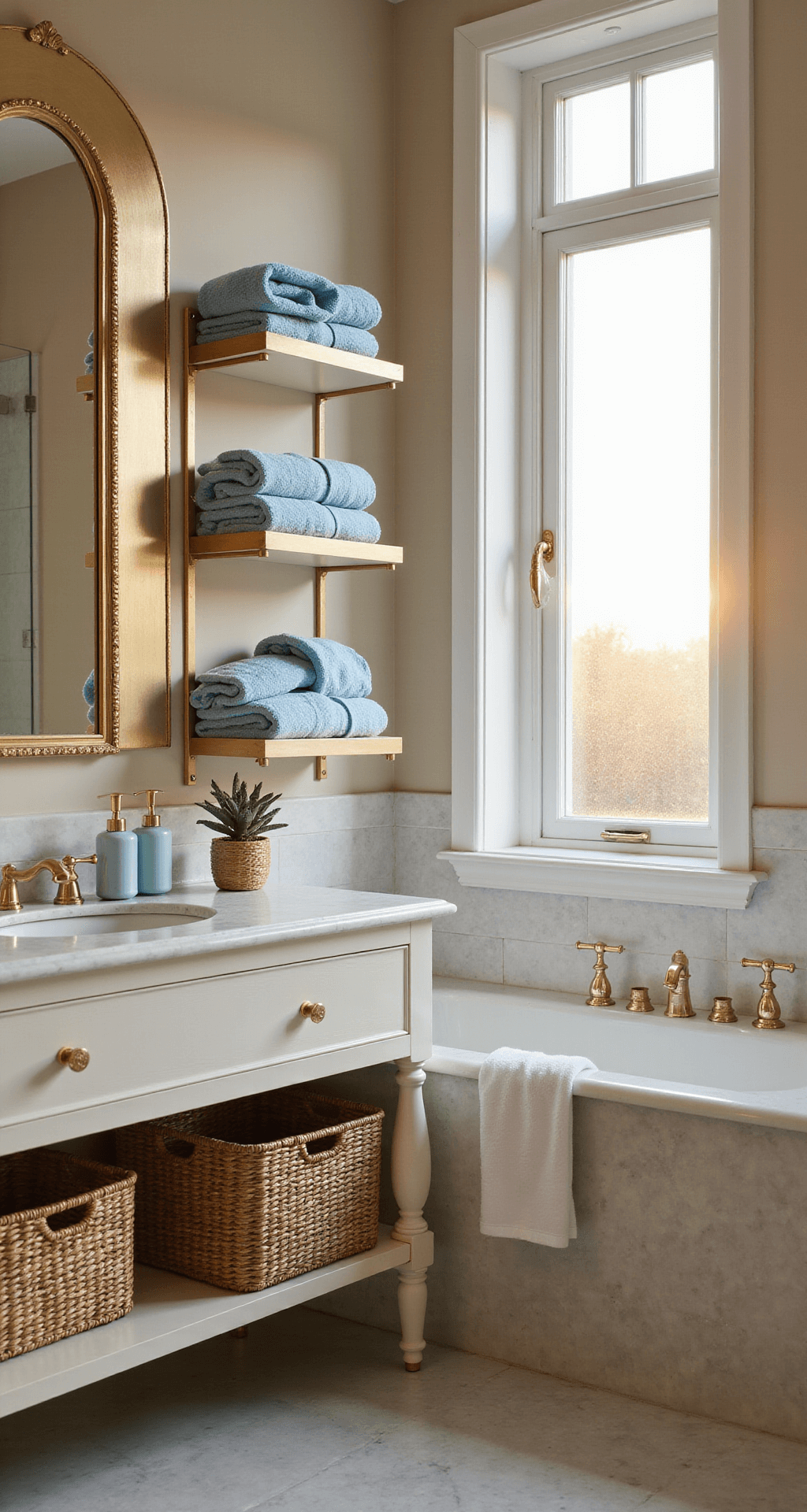 The Ultimate Guide to Guest Bathroom Decor: Creating a Welcoming Sanctuary in Just Hours A spacious guest bathroom bathed in warm golden hour light, featuring a vintage gold mirror above a white marble vanity, folded blue towels, rattan storage baskets, and a small succulent, all creating a soft, inviting atmosphere.