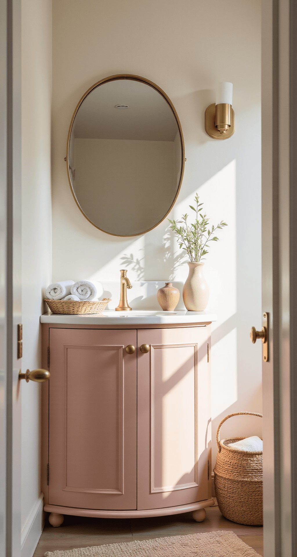 The Ultimate Guide to Guest Bathroom Decor: Creating a Welcoming Sanctuary in Just Hours An intimate powder room bathed in afternoon light features a blush pink and warm neutral color scheme, showcasing a round gold mirror above a compact floating vanity. Textured layers include a plush bath mat, a woven basket with rolled towels, and faux olive branches in a ceramic vase, all arranged according to the rule of thirds. The low-angle shot emphasizes the mirror, with soft, diffused lighting creating a calming oasis atmosphere against cream walls and brushed gold hardware.