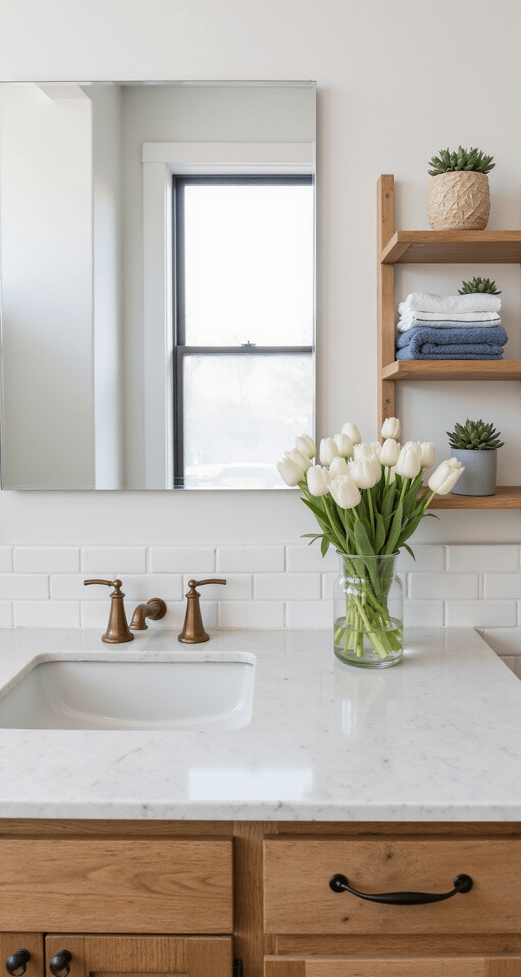 The Ultimate Guide to Guest Bathroom Decor: Creating a Welcoming Sanctuary in Just Hours A modern guest bathroom filled with natural light, featuring white subway tile, a warm wood vanity, fresh white tulips, potted succulents, and soft blue and white striped towels, creating a fresh and welcoming atmosphere.