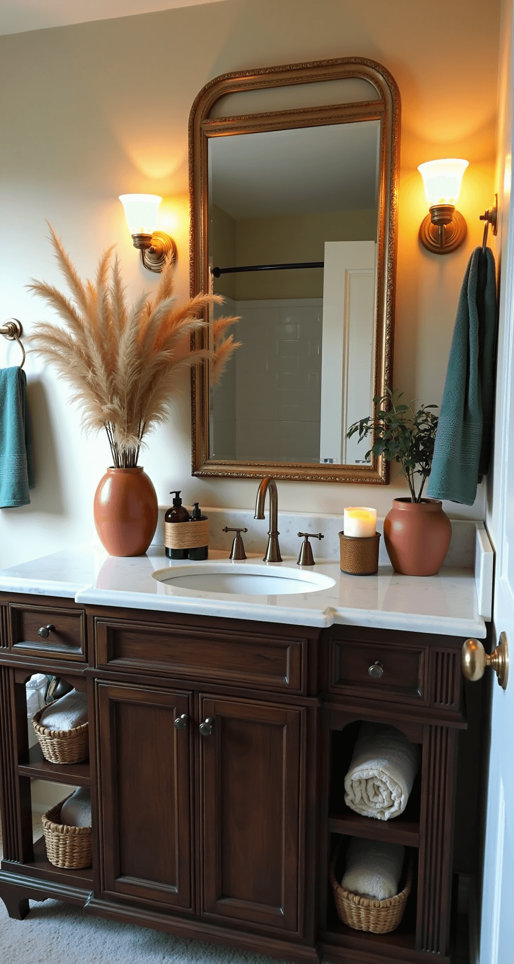 The Ultimate Guide to Guest Bathroom Decor: Creating a Welcoming Sanctuary in Just Hours Cozy fall-themed guest bathroom with warm lighting, featuring terracotta accessories, warm brass fixtures, deep sage green towels, and a vintage gold-framed mirror above a dark wood vanity, enhanced with woven baskets, dried pampas grass, candles, and small plants for a spa-like atmosphere.