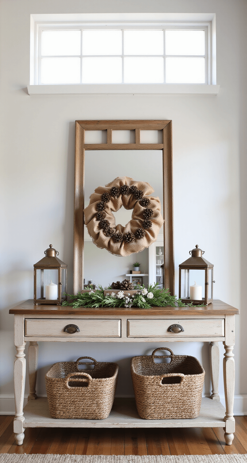 A rustic entryway console with a whitewashed raw wood finish, featuring a symmetrical Dollar Tree craft display. A handcrafted burlap and pinecone wreath is centered between two mercury glass lanterns. The lower shelf is styled with woven baskets and greenery, all illuminated by natural light from a transom window above. The image is shot from a front-three-quarter view, showcasing depth and texture in the composition.