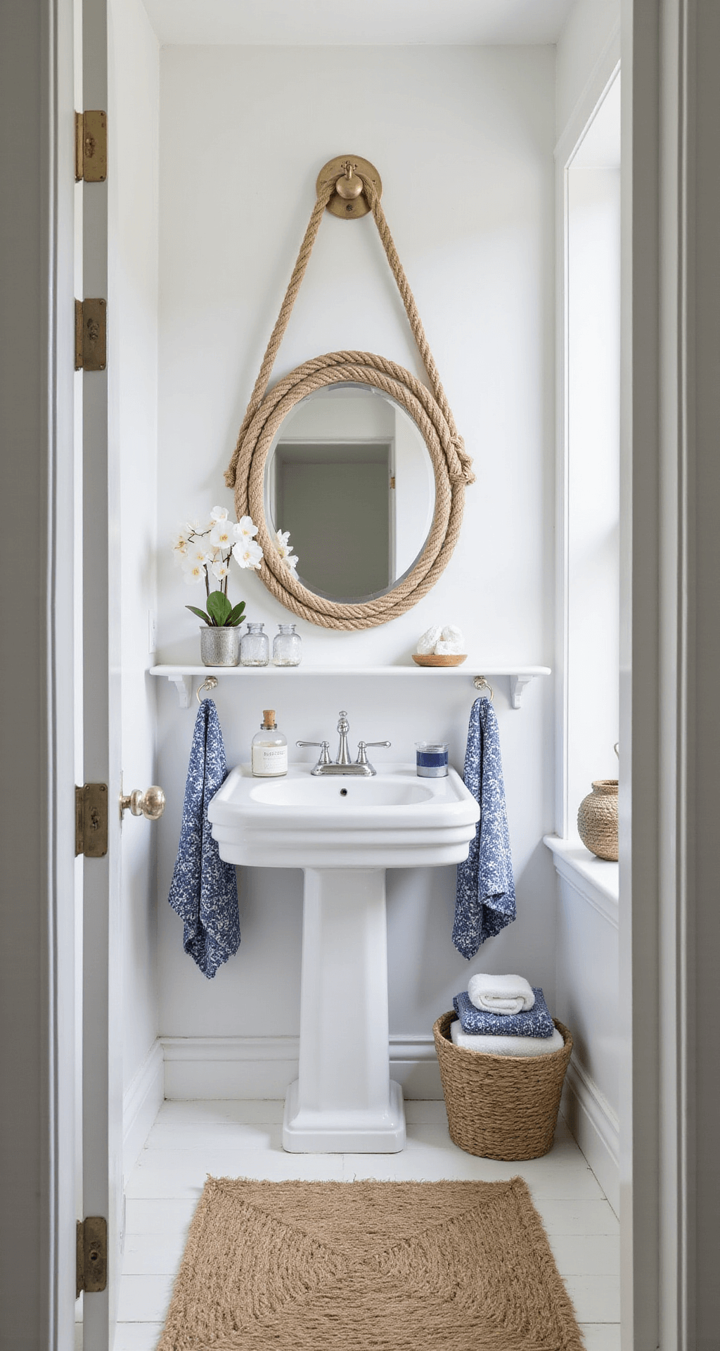 The Ultimate Guide to Guest Bathroom Decor: Creating a Welcoming Sanctuary in Just Hours A compact nautical-themed powder room with white walls and navy blue accents, featuring a round rope-framed mirror above a pedestal sink, illuminated by bright midday light.
