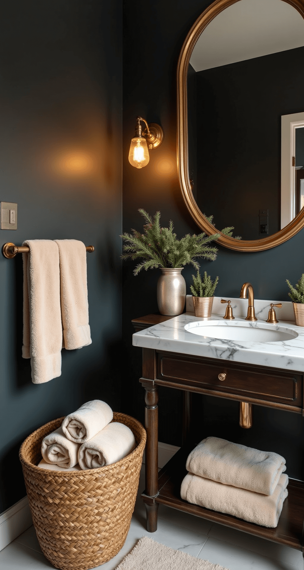 The Ultimate Guide to Guest Bathroom Decor: Creating a Welcoming Sanctuary in Just Hours An elegant winter guest bathroom featuring deep charcoal walls, brass and gold accents, plush cream and gold towels in a woven basket, a marble-topped vanity, and an oversized vintage brass mirror, all illuminated by warm LED accent lighting for a cozy and sophisticated ambiance.