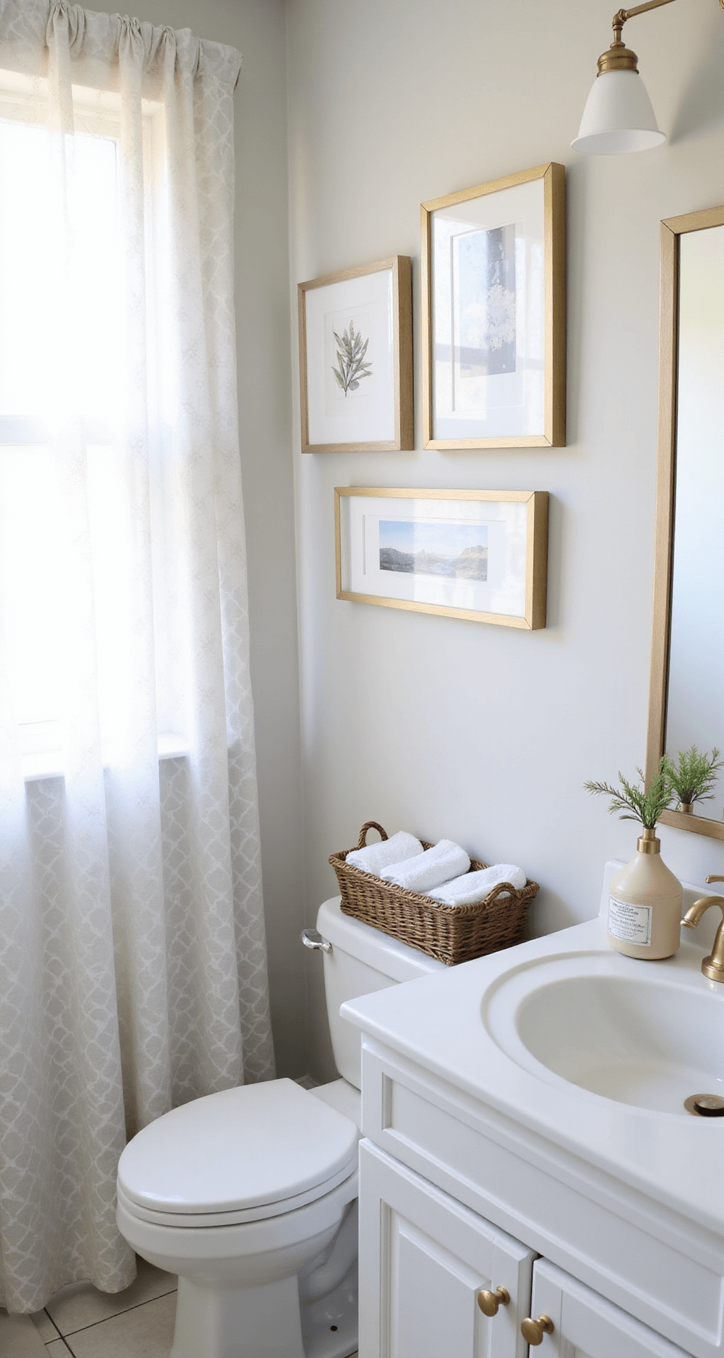 The Ultimate Guide to Guest Bathroom Decor: Creating a Welcoming Sanctuary in Just Hours A bright and inviting guest bathroom showcasing budget-friendly upgrades, featuring white cabinets with brushed gold hardware, a geometric shower curtain, matching soap dispensers, a gallery wall above the toilet, a basket of guest amenities, fresh white towels, and a single green plant, all illuminated by natural afternoon light.