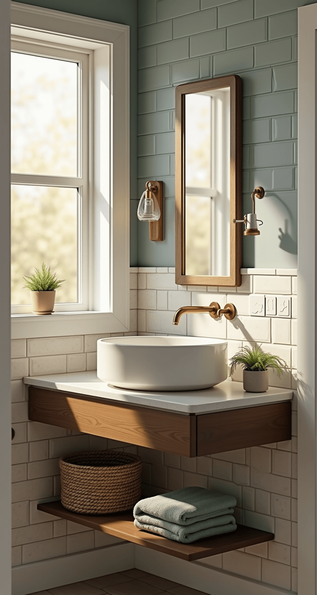 Creating Your Ultimate Spa Bathroom Sanctuary: A Transformative Decor Guide Photorealistic spa bathroom featuring soft powder blue subway tiles, warm beige stone vanity, and white shiplap wainscoting, illuminated by golden hour sunlight through a frosted glass window, with a floating walnut wood vanity, vessel sink, vintage brass fixtures, and natural edge mirror, complemented by textured elements like a seagrass basket, sage green towels, snake plant, and ceramic soap dispenser.