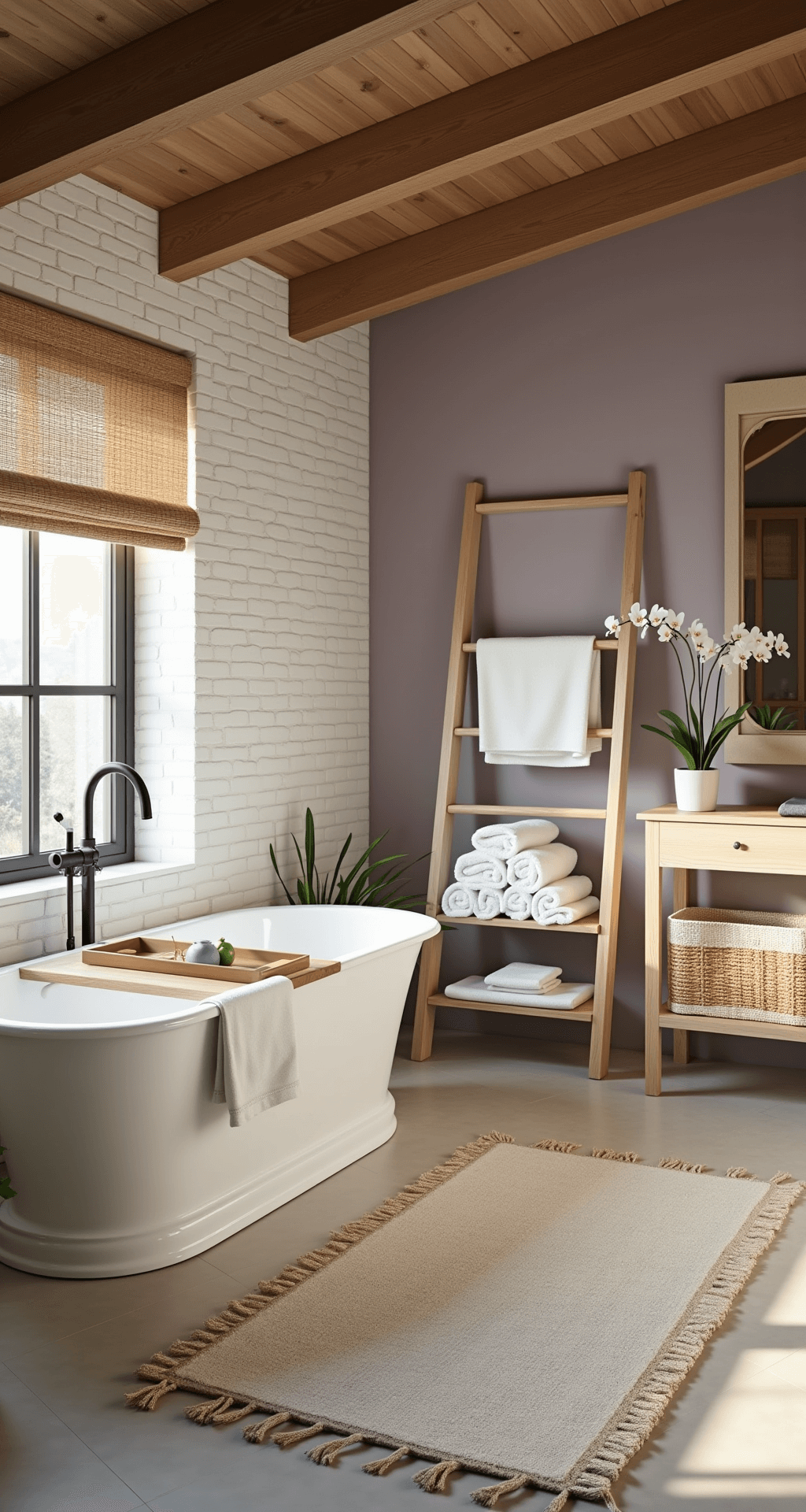 Creating Your Ultimate Spa Bathroom Sanctuary: A Transformative Decor Guide Luxurious bathroom sanctuary featuring a freestanding soaking tub near a large window, surrounded by natural textures like a jute rug and teak bath caddy, with exposed wooden beams, travertine flooring, and a dusty lavender accent wall, all highlighted by warm afternoon lighting.