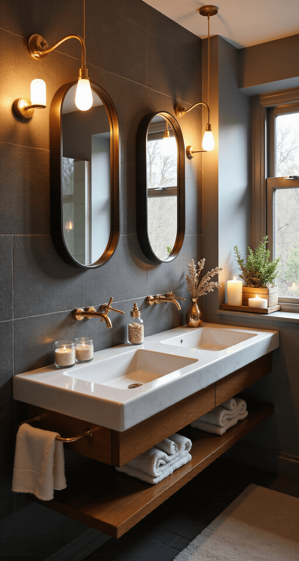 Creating Your Ultimate Spa Bathroom Sanctuary: A Transformative Decor Guide Intimate spa bathroom with golden hour lighting, featuring a charcoal gray penny tile accent wall, white quartz waterfall countertop, warm oak floating vanity, and layered illumination from dimmable LED lights, a table lamp, and candles, creating a relaxing atmosphere.