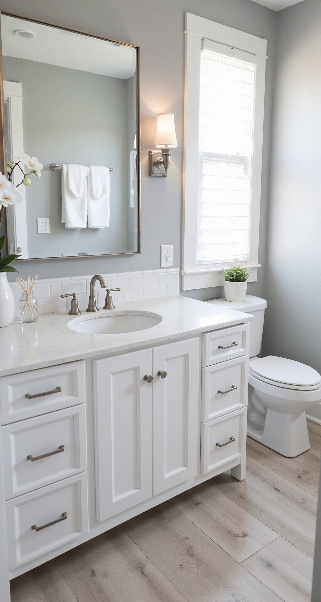 Creating Your Ultimate Spa Bathroom Sanctuary: A Transformative Decor Guide Minimalist spa bathroom with soft gray walls, white subway tile backsplash, and pale oak vinyl flooring, featuring updated brushed nickel vanity lighting, a large framed mirror, and a white ceramic vessel sink, accented by a single orchid stem and neatly folded white towels.