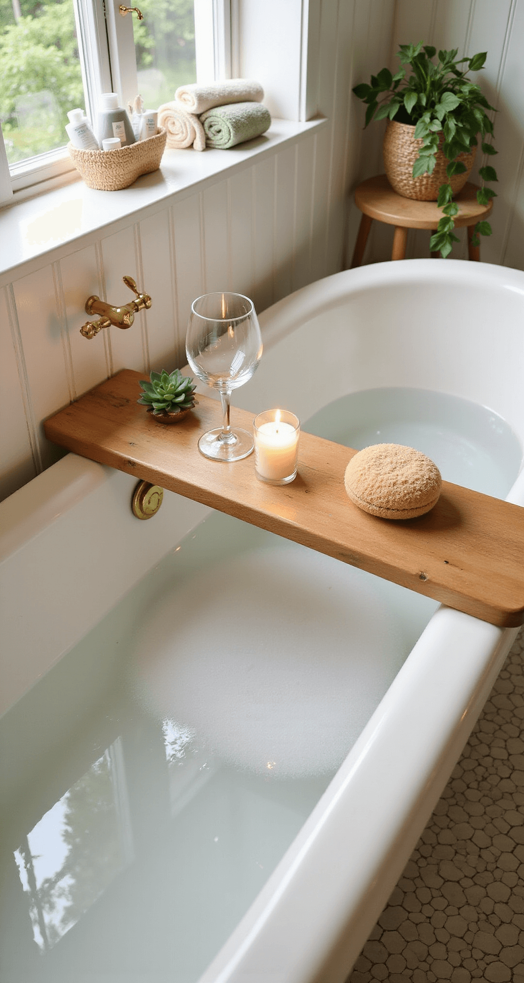 Creating Your Ultimate Spa Bathroom Sanctuary: A Transformative Decor Guide A cozy spa bathroom scene featuring a wooden bath caddy with candles, a wine glass, and a natural sponge on a vintage clawfoot tub filled with bubbles. Surrounding accessories include rolled cream and sage green towels, a woven basket of bath products, and a trailing pothos plant in soft afternoon light that accentuates the warm tones of the teak caddy and the textures of the décor.