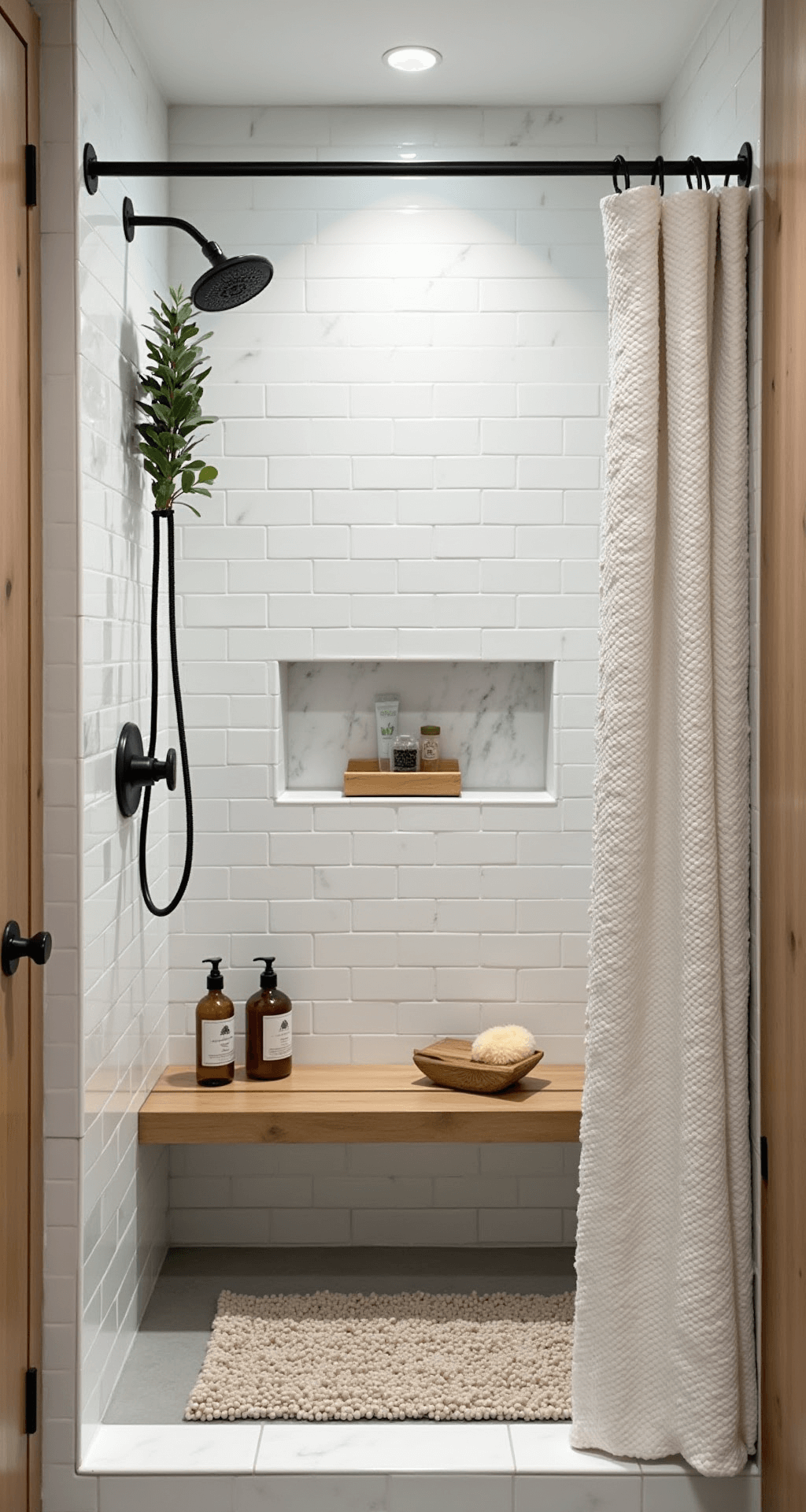 Creating Your Ultimate Spa Bathroom Sanctuary: A Transformative Decor Guide A stylish spa bathroom showcasing a large walk-in shower with white marble subway tiles, a rainfall showerhead, and a teak bench, complemented by a chunky knit bath mat, linen shower curtain, and wooden bath accessories, all in a neutral palette with fresh eucalyptus and organic bath products.