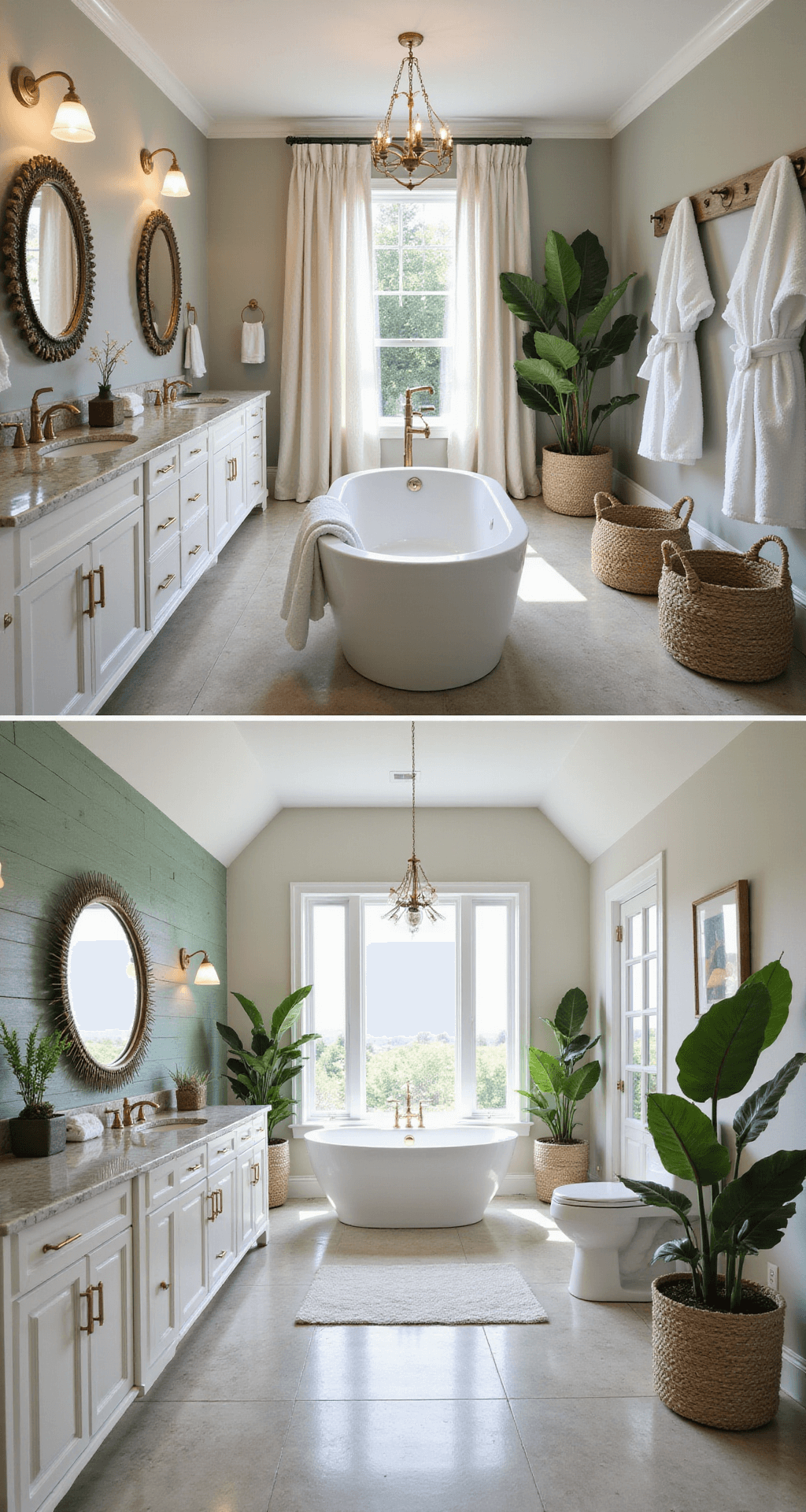Creating Your Ultimate Spa Bathroom Sanctuary: A Transformative Decor Guide Before and after transformation of a luxury spa bathroom featuring a large central soaking tub, dual quartz vanity, and floor-to-ceiling windows, styled with natural stone flooring, sage green shiplap wall, plush white robes, and oversized plants, all illuminated by soft morning light.