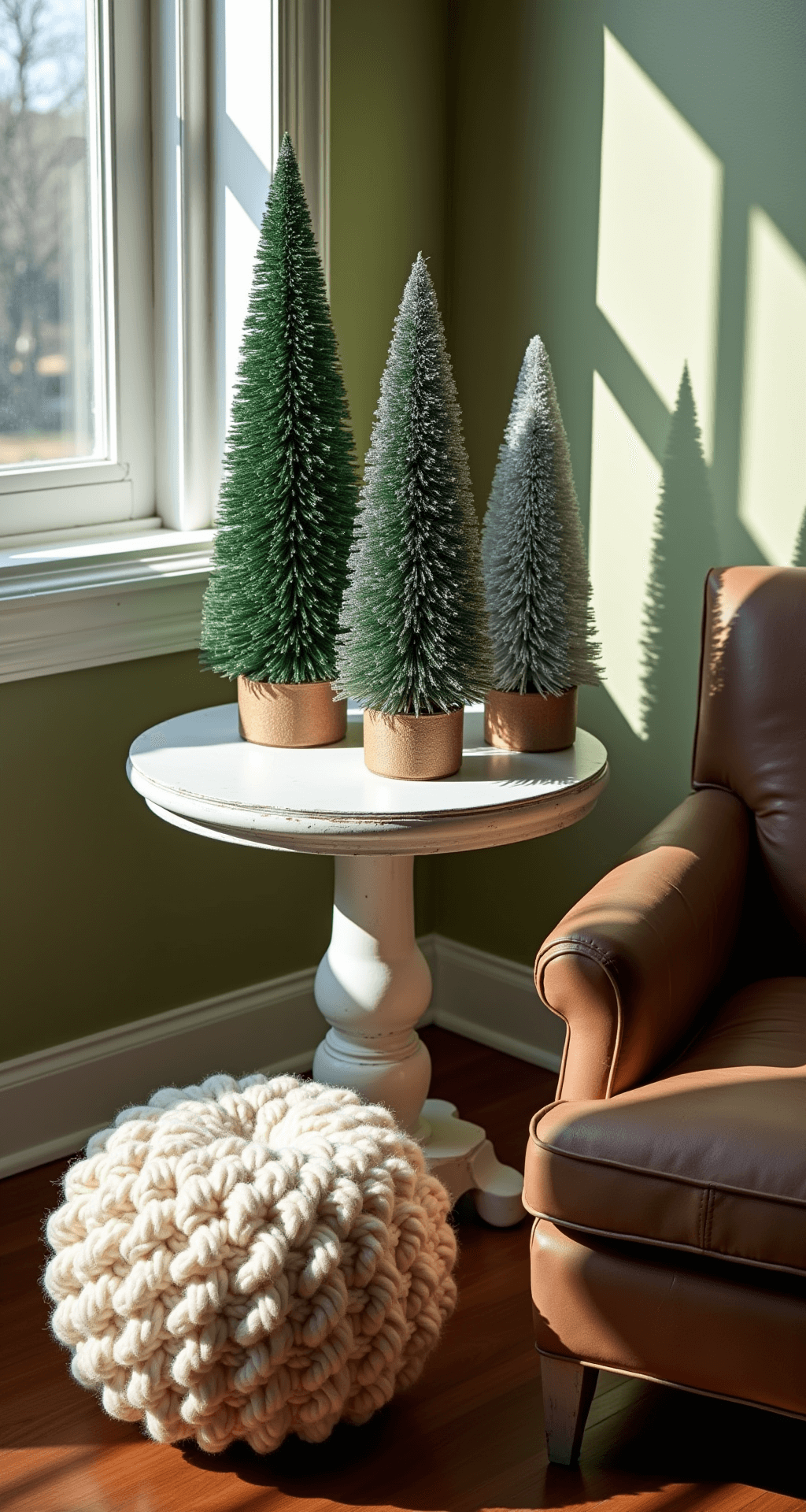 A cozy corner reading nook bathed in late afternoon sunlight, featuring a distressed white pedestal table with DIY Dollar Tree ornament topiary trees in a gradient of deep forest green to silver. A chunky cream cable knit pouf and an aged leather armchair enhance the inviting atmosphere, while macro lens detail shots capture the texture variety of the ornament clusters, all set against moody lighting with a soft lamp glow.