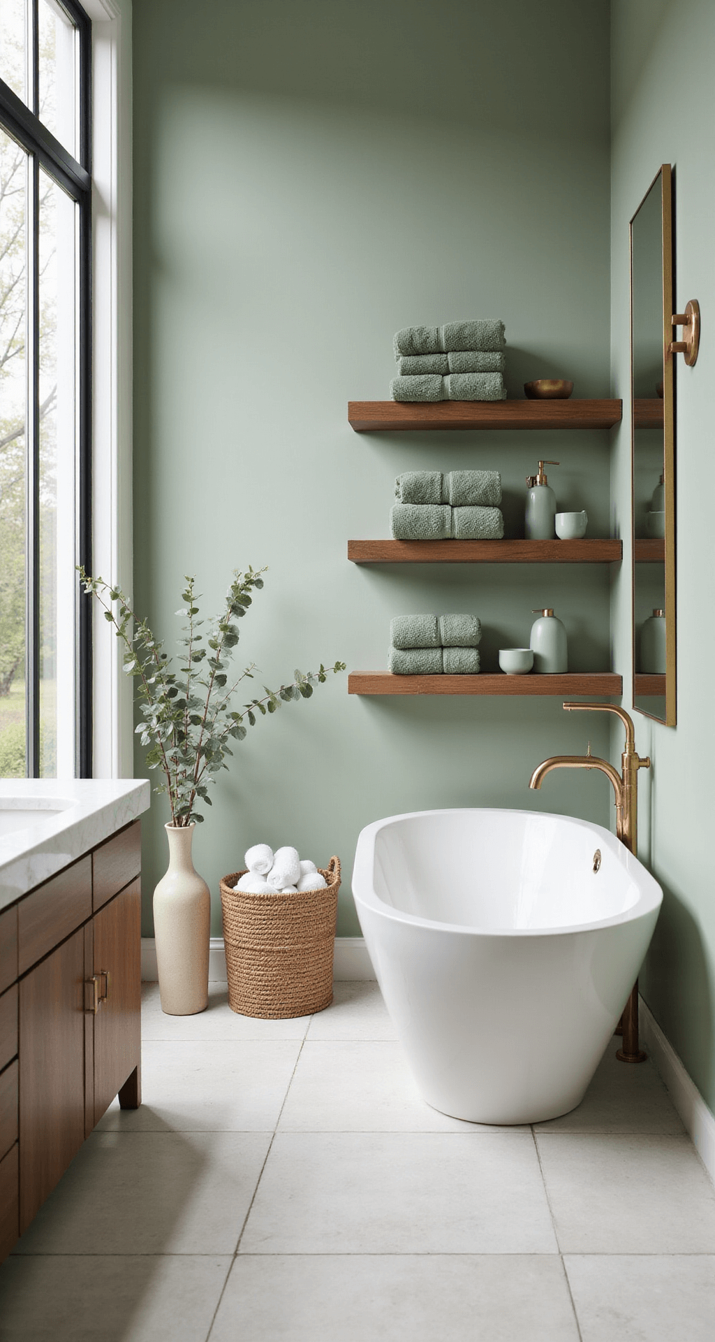 Sage Green Bathroom Decor: Your Ultimate Guide to Creating a Tranquil Sanctuary A modern bathroom with sage green walls, white marble countertops, and a freestanding soaking tub, illuminated by soft morning light through frosted glass windows, featuring warm brass fixtures and ceramic accessories in muted tones.