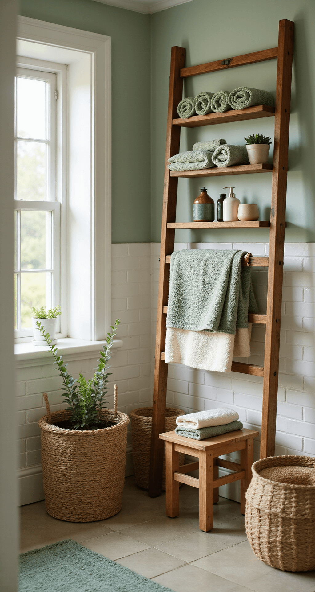 Sage Green Bathroom Decor: Your Ultimate Guide to Creating a Tranquil Sanctuary Intimate bathroom corner featuring sage green accents, a wooden ladder shelf with rolled towels and ceramic dispensers, a textured bath mat on white subway tiles, woven baskets, and a small wooden stool with stacked towels, all illuminated by warm afternoon light.