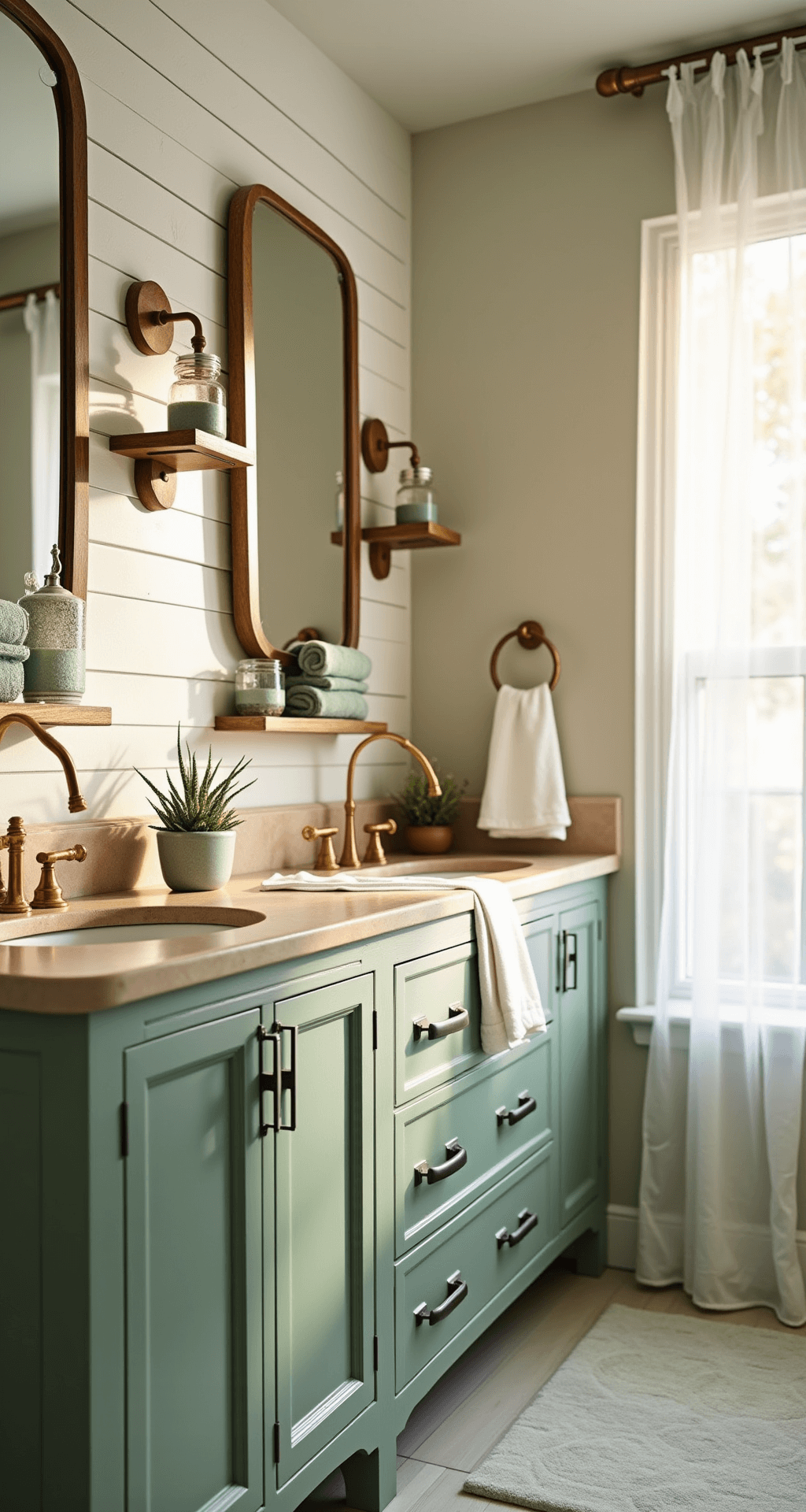 Sage Green Bathroom Decor: Your Ultimate Guide to Creating a Tranquil Sanctuary A bright and airy bathroom with sage green vanity cabinets, crisp white shiplap walls, warm beige stone countertops, and brass fixtures, illuminated by golden hour light streaming through sheer curtains. Floating wooden shelves hold sage green towels and succulents, creating an elegant and timeless atmosphere.