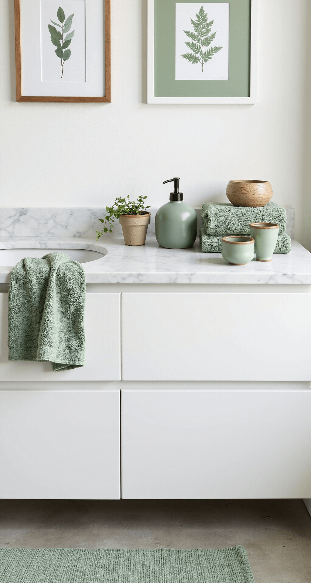 Sage Green Bathroom Decor: Your Ultimate Guide to Creating a Tranquil Sanctuary Modern bathroom vignette featuring sage green accessories including a ceramic soap dispenser set, folded towels, eucalyptus botanical wall art, a textured bath mat, and trailing ivy planters, arranged on white marble surfaces with polished concrete floors, shot in soft overcast daylight for a spa-inspired ambiance.