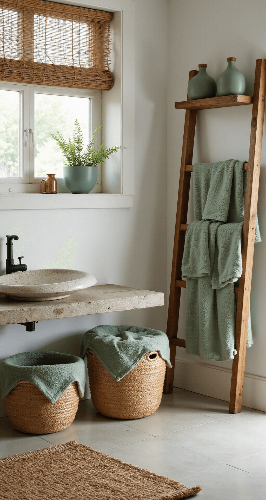 Sage Green Bathroom Decor: Your Ultimate Guide to Creating a Tranquil Sanctuary Expertly styled bathroom featuring sage green decor with textured elements, including woven seagrass baskets, plush sage towels on a wooden ladder, rough wooden shelving, smooth ceramic accessories, and a jute rug, all illuminated by soft, dappled natural light filtering through bamboo blinds.