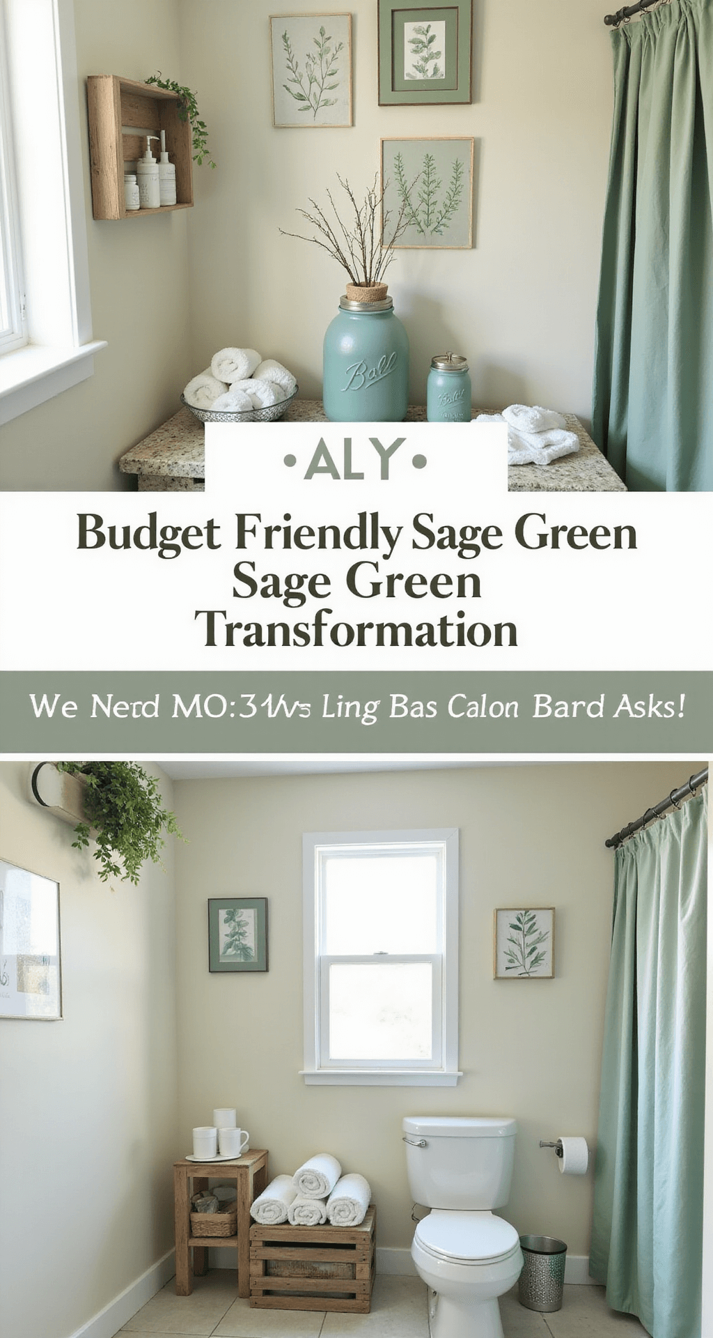 Sage Green Bathroom Decor: Your Ultimate Guide to Creating a Tranquil Sanctuary A budget-friendly sage green bathroom transformation featuring DIY mason jars, thrifted ceramics, repurposed wooden crates for towel storage, hand-painted botanical wall art, and a simple shower curtain, all accentuated by natural light and strategic prop placement.