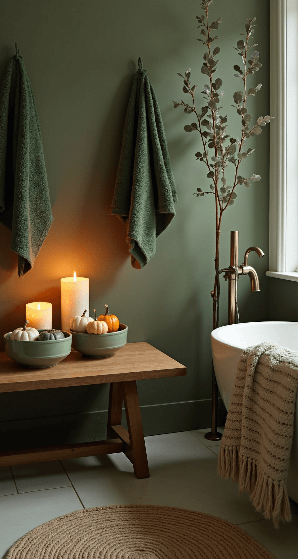 Sage Green Bathroom Decor: Your Ultimate Guide to Creating a Tranquil Sanctuary A cozy autumn-themed bathroom featuring sage green walls, deeper green accents, and layered textiles, including forest green towels and a chunky knit bath mat, complemented by dried eucalyptus branches and small pumpkins in sage green bowls, all illuminated by warm candlelight for a romantic ambiance.