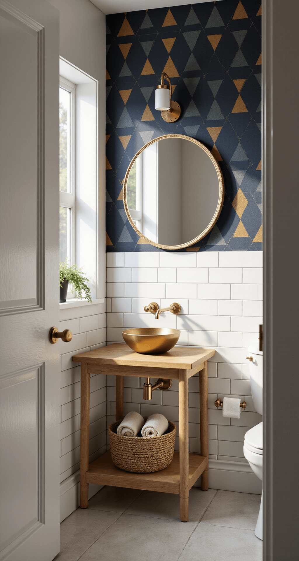 Transform Your Half Bathroom: Design Secrets Revealed Photorealistic half bathroom with deep navy and gold triangular patterned wallpaper, white subway tile wainscoting, natural oak floating vanity with vessel sink, and brushed brass fixtures, illuminated by warm afternoon light through a frosted glass window. A round brass-framed mirror and a woven basket of rolled cream linen towels enhance the inviting ambiance.