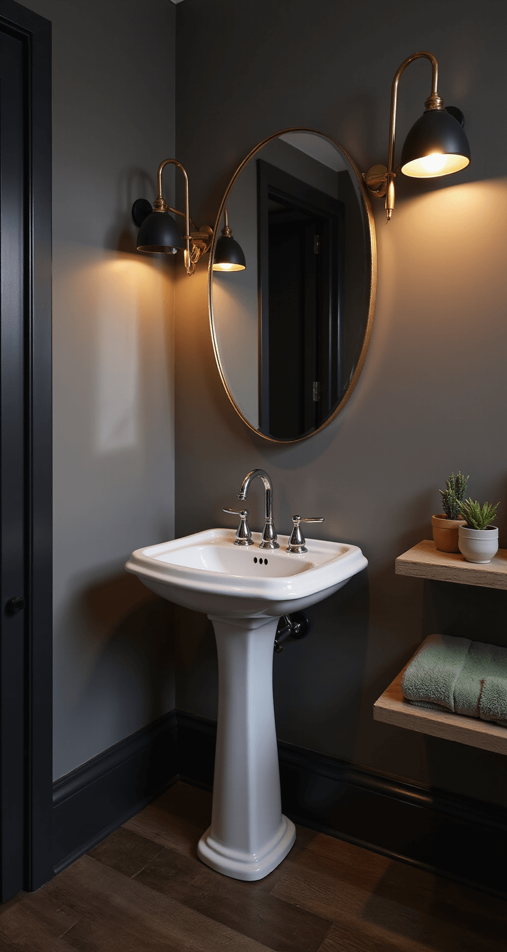 Transform Your Half Bathroom: Design Secrets Revealed Intimate half bathroom featuring brass wall sconces with black shades beside a large circular mirror, charcoal gray walls, white pedestal sink, and dark hardwood floors, bathed in warm evening light creating dramatic shadows, with a floating shelf holding succulents and sage green towels.
