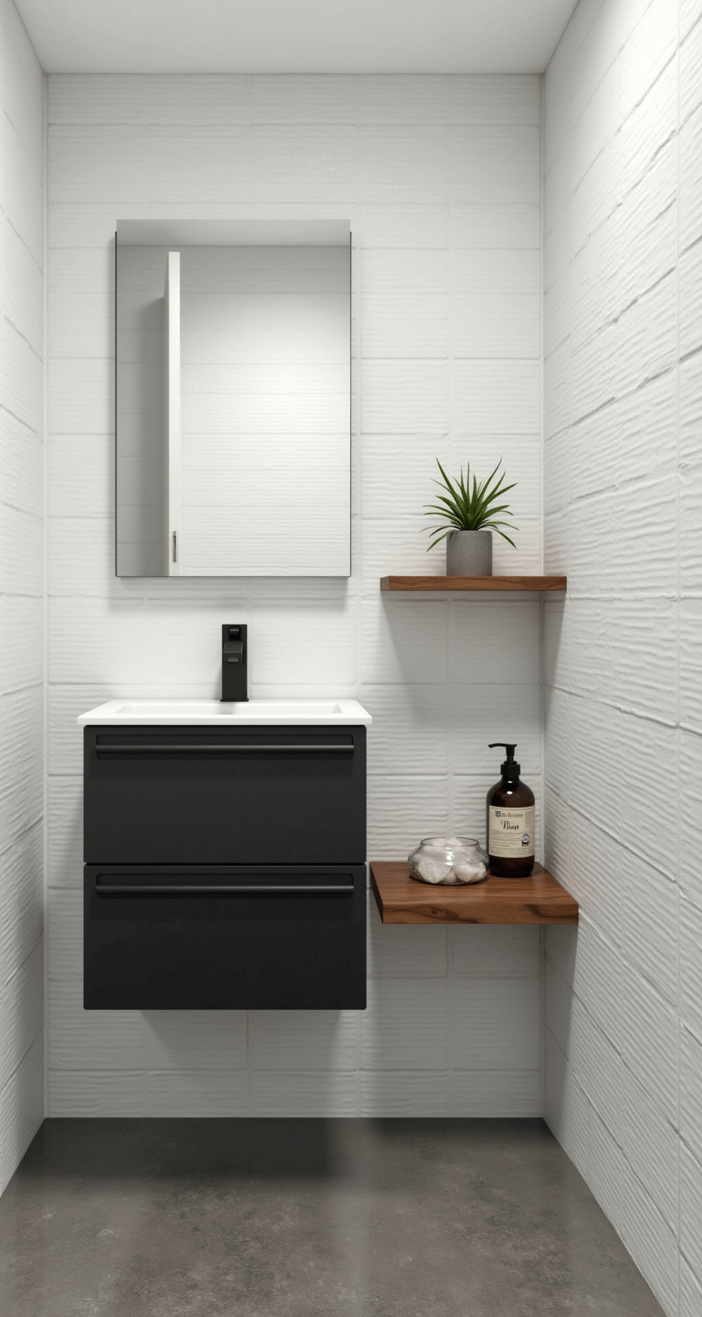 Transform Your Half Bathroom: Design Secrets Revealed Compact powder room showcasing a sleek wall-mounted sink with integrated towel bar in matte black, surrounded by floor-to-ceiling white subway tiles. Bright morning light filters in from a clerestory window, illuminating the polished concrete floor's subtle textures. A single floating shelf in natural walnut holds a glass soap dispenser and a small air plant, creating a minimalist aesthetic.