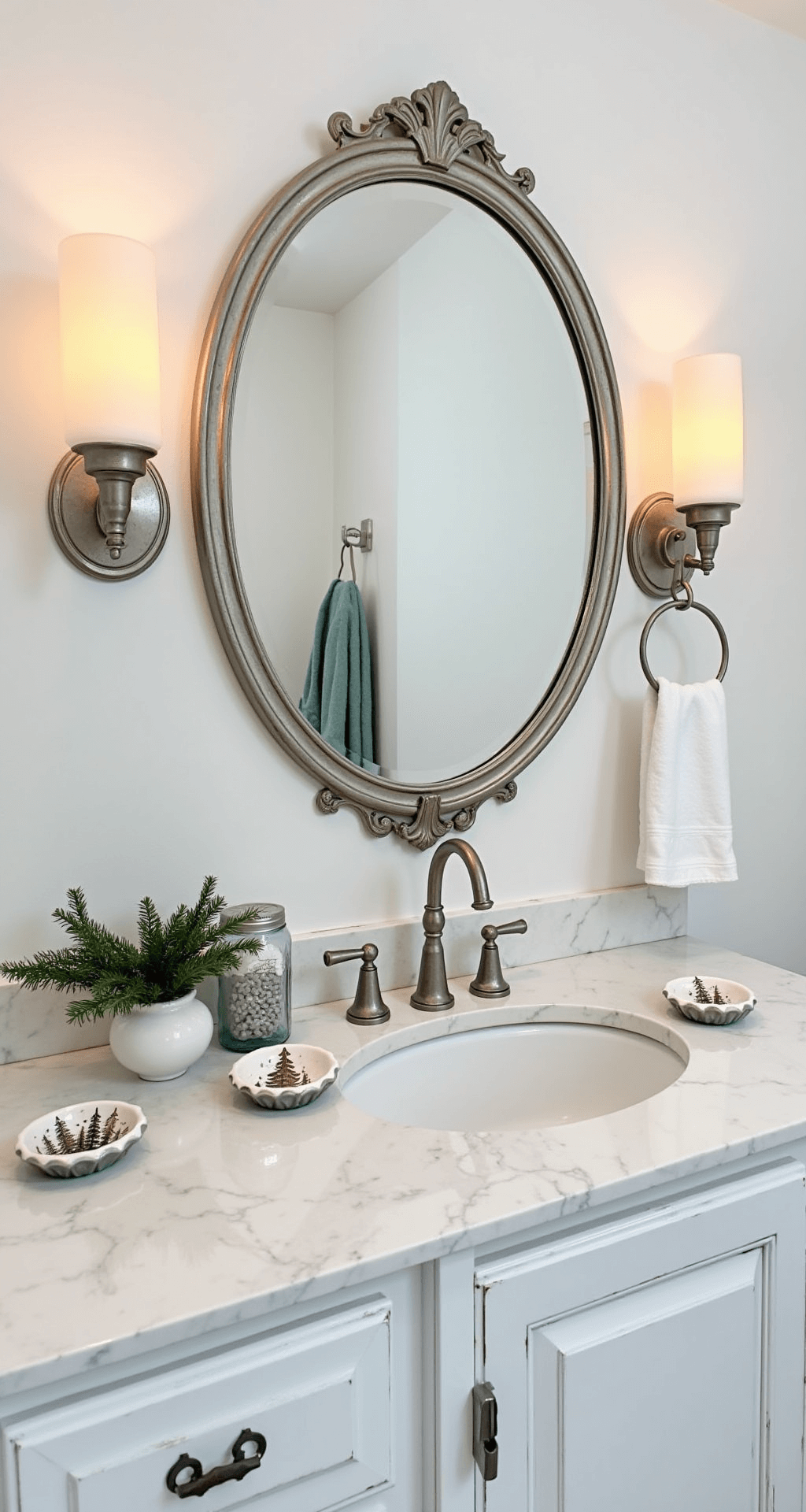 A stylish guest bathroom vanity featuring a vintage-inspired mirror with DIY frosted mason jar sconces, white marble countertop adorned with handcrafted soap dishes displaying decoupaged winter motifs, complemented by a silver and white color scheme with evergreen touches. The image is shot straight-on with soft lighting, emphasizing a luxurious look achieved with budget-friendly elements from Dollar Tree.