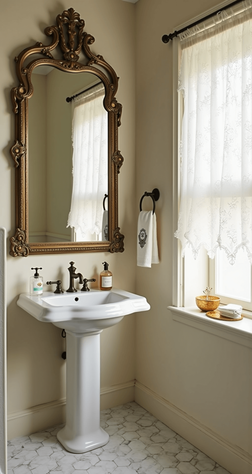 Transform Your Half Bathroom: Design Secrets Revealed Elegant half bathroom featuring a large antique-inspired mirror with an ornate bronze frame, a classic pedestal sink with a vintage-style brass faucet, and soft afternoon light illuminating the hexagonal carrara marble floor tiles.