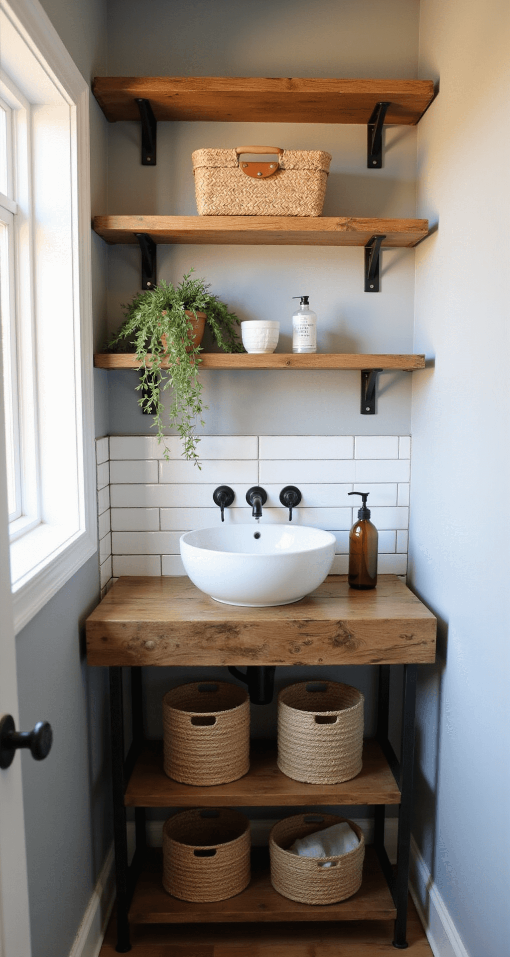 Transform Your Half Bathroom: Design Secrets Revealed Stylish powder room with asymmetrical floating natural wood shelves on soft gray walls, featuring a white ceramic vessel sink on a reclaimed barn wood vanity, warm golden hour lighting, woven seagrass baskets, and a potted snake plant under a white subway tile backsplash.