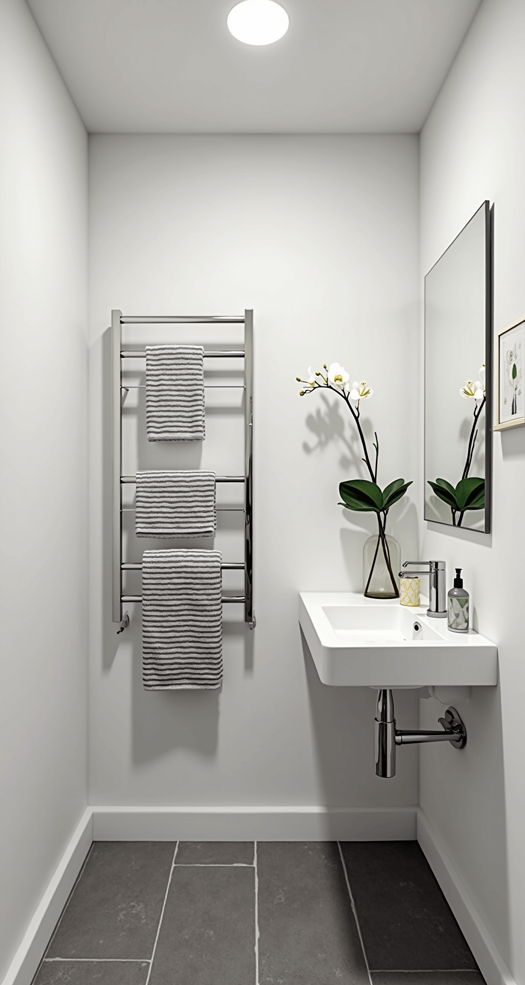 Transform Your Half Bathroom: Design Secrets Revealed Modern half bathroom with white walls, an integrated wall-hung sink, and gray porcelain floor tiles; features include rolled hand towels in charcoal and white stripes on a chrome towel bar, a geometric ceramic soap dispenser, framed botanical prints, and an orchid in a clear vase, all illuminated by bright overhead LED lighting.