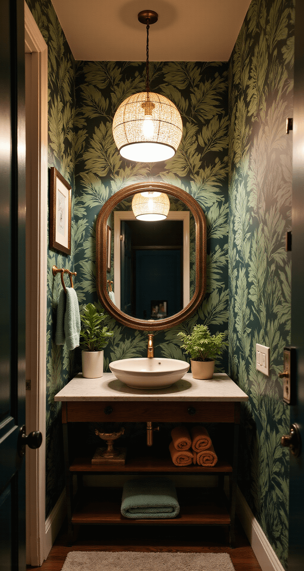 Transform Your Half Bathroom: Design Secrets Revealed Transformed compact powder room with botanical wallpaper featuring oversized emerald green tropical leaves and gold accents, showcasing a round vessel sink on a floating vanity, vintage-inspired fixtures, and a brass pendant light. Curated accessories include brass picture frames and ceramic planters with pothos, all illuminated by warm jewel-toned lighting for a luxurious, maximalist ambiance.