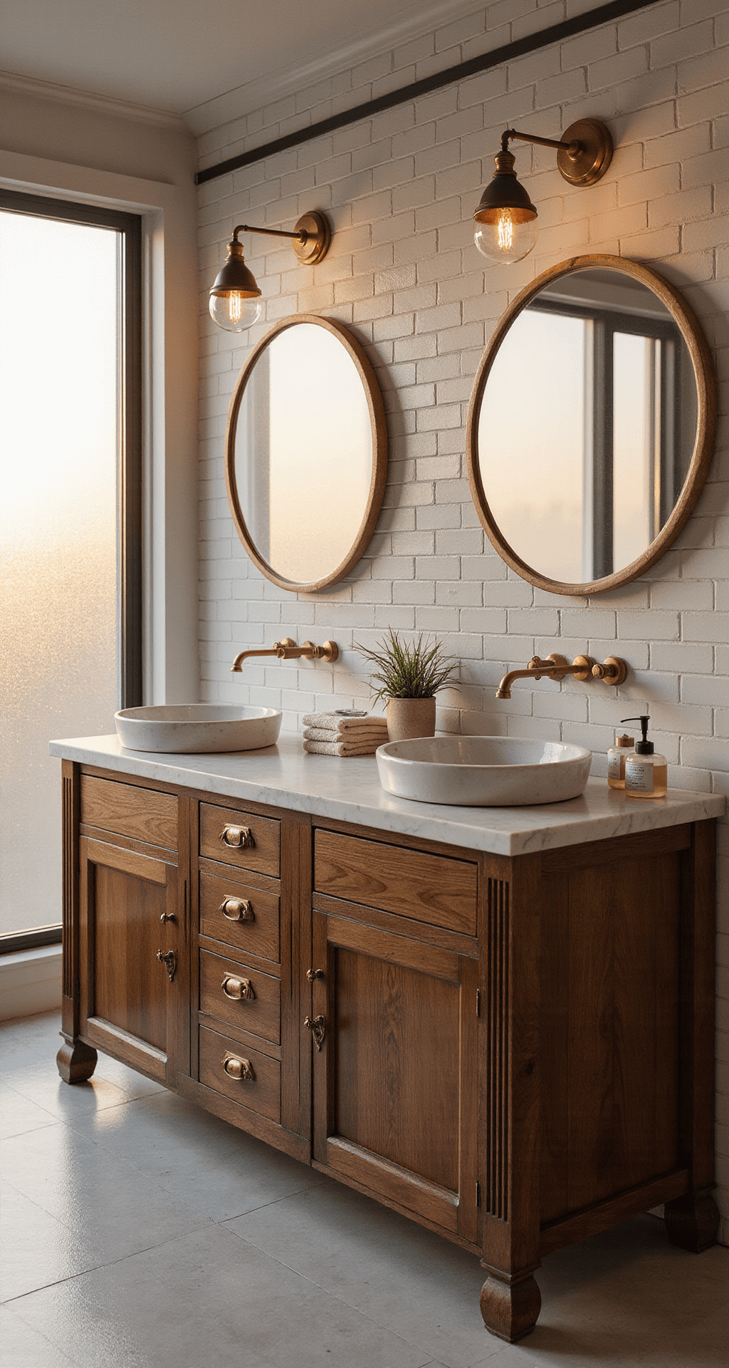 Beautiful Bathroom Decor: Transform Your Space into a Personal Sanctuary Luxurious bathroom interior featuring a double vanity with walnut wood grain, brass hardware, and honed Carrara marble, illuminated by soft natural light through frosted glass windows during golden hour, complemented by circular brass-framed mirrors, warm amber pendant lighting, and elegant styling elements.