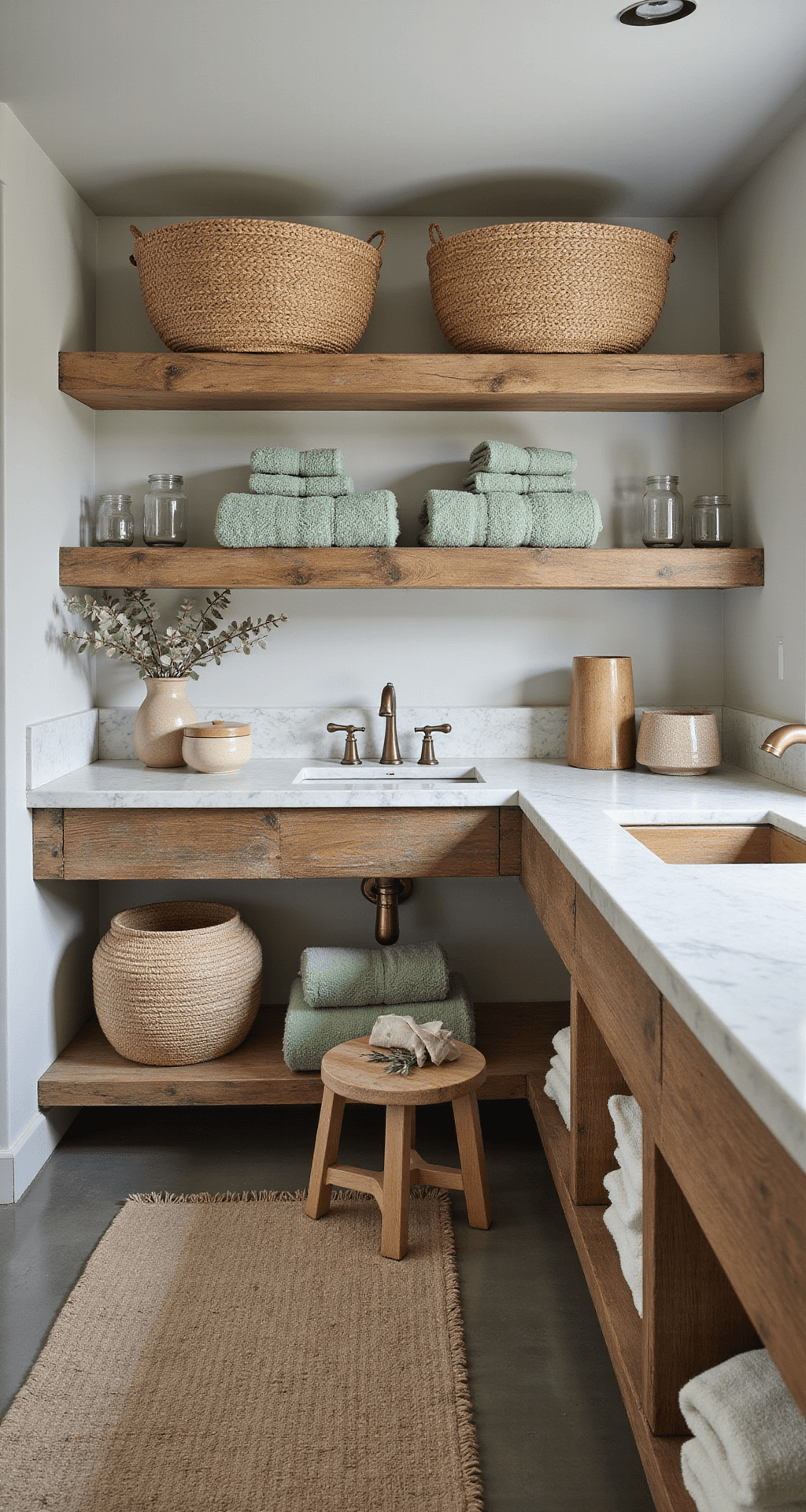 Beautiful Bathroom Decor: Transform Your Space into a Personal Sanctuary A photorealistic bathroom scene featuring textured elements like reclaimed barnwood shelves, sage green Egyptian cotton towels, ribbed glass accessories, and a vintage Persian runner on polished concrete floors, illuminated by mid-morning diffused natural light.