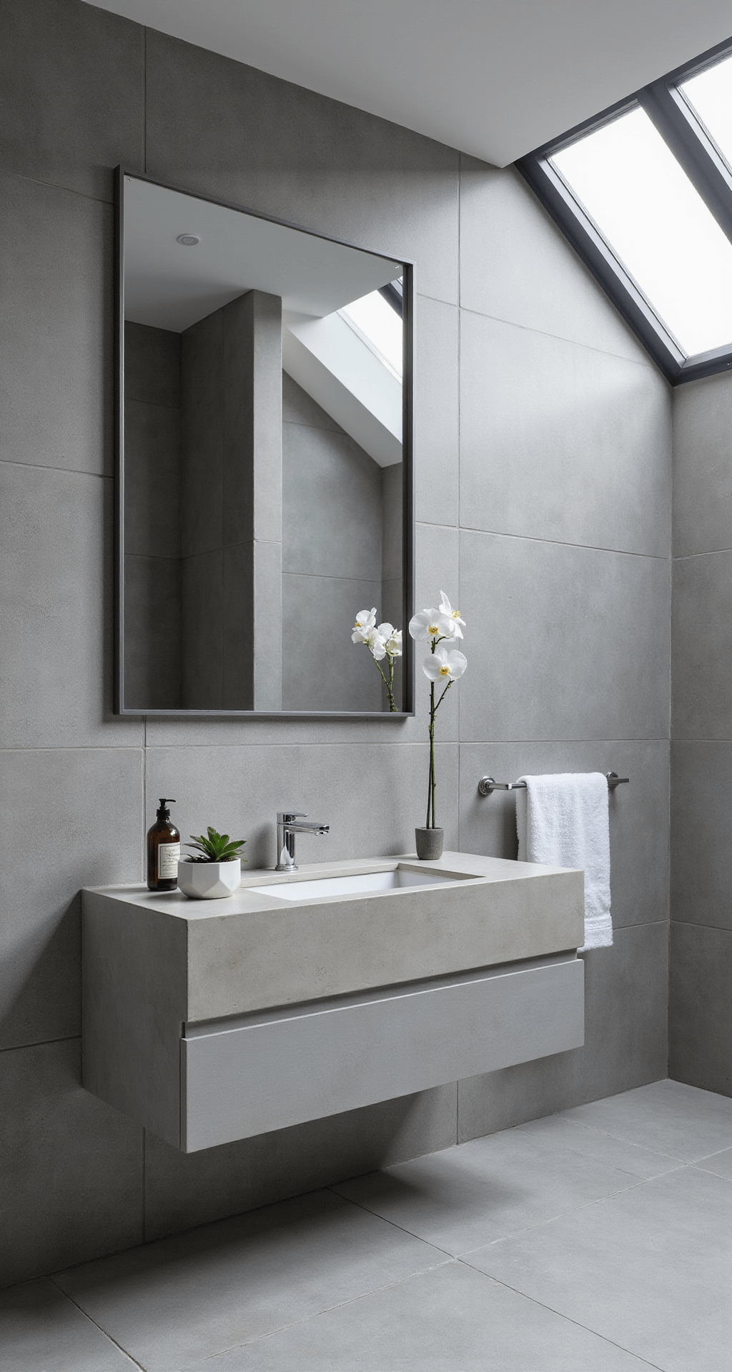 Beautiful Bathroom Decor: Transform Your Space into a Personal Sanctuary Modern minimalist bathroom interior featuring a floating concrete vanity with an integrated sink, large gray porcelain tiles, and an oversized mirror reflecting natural light, styled with a white orchid and geometric accessories.