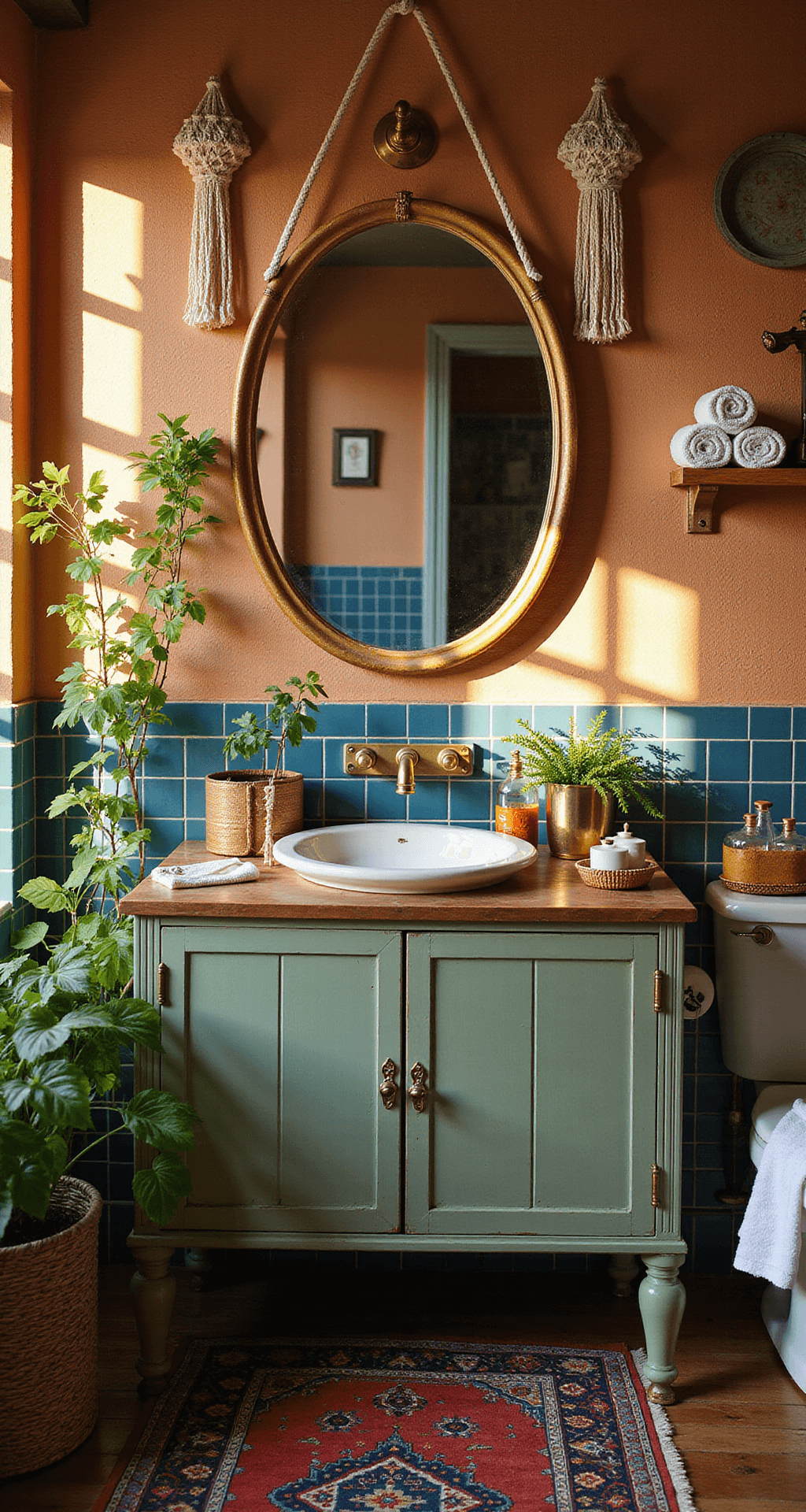 Beautiful Bathroom Decor: Transform Your Space into a Personal Sanctuary A Bohemian-inspired bathroom scene bathed in warm, dappled golden hour light, featuring vintage Moroccan tiles, macrame wall hangings, and a sage green dresser vanity with antique brass fixtures. The space includes a colorful Persian-style rug, mixed metallic accessories, trailing pothos plants, vintage glass bottles, and jewel-toned rolled towels, all showcasing a rich color palette of earthy terracotta, deep teal, brass gold, and cream.