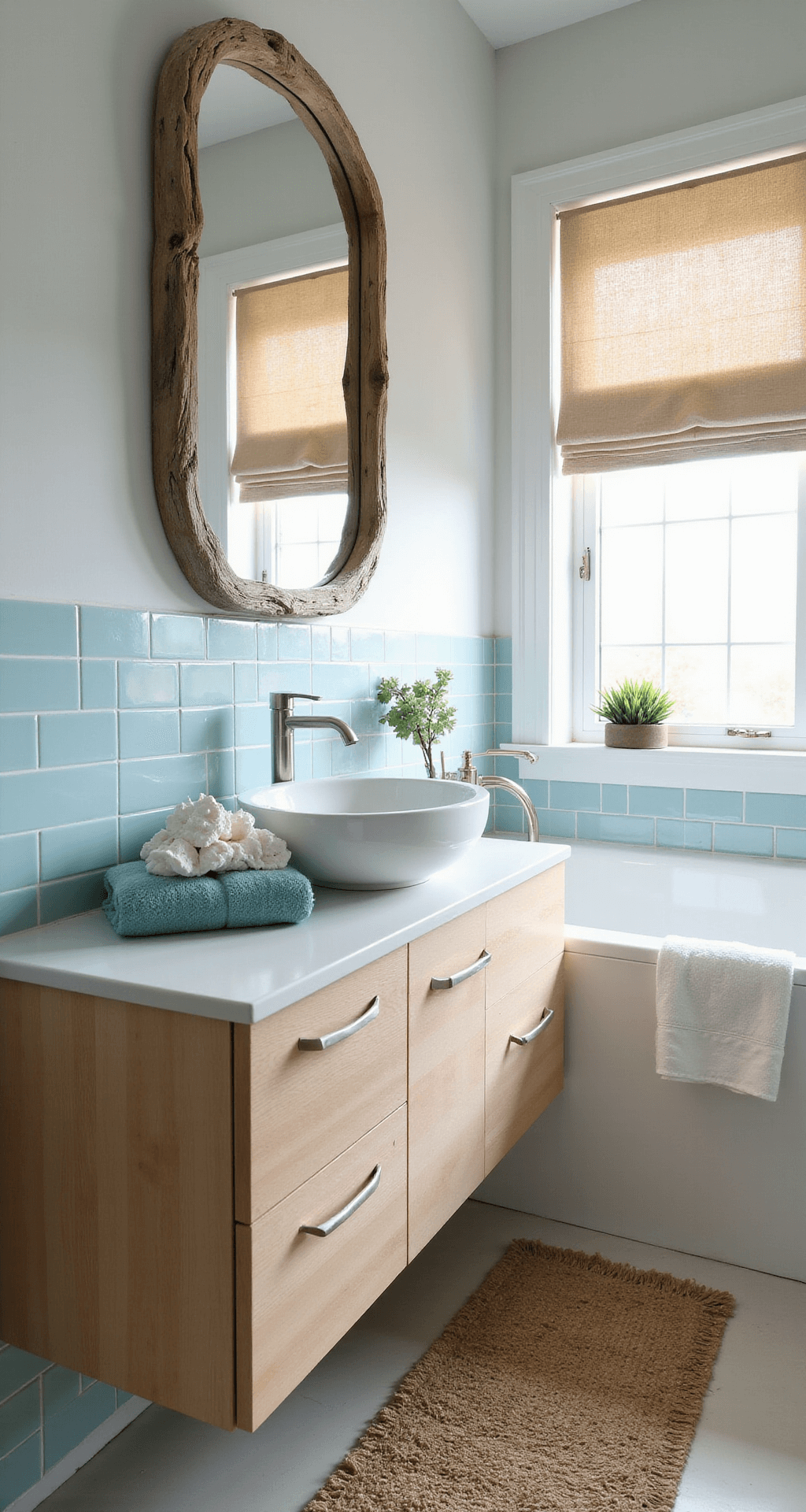 Beautiful Bathroom Decor: Transform Your Space into a Personal Sanctuary A serene coastal zen bathroom with light oak vanity, sea glass-inspired blue subway tiles, and natural linen Roman shades, illuminated by soft morning light. The space features a weathered driftwood mirror, woven jute rug, and calming decor including coral specimens, sea glass accessories, and coastal blue towels, all enhanced by brushed nickel fixtures.