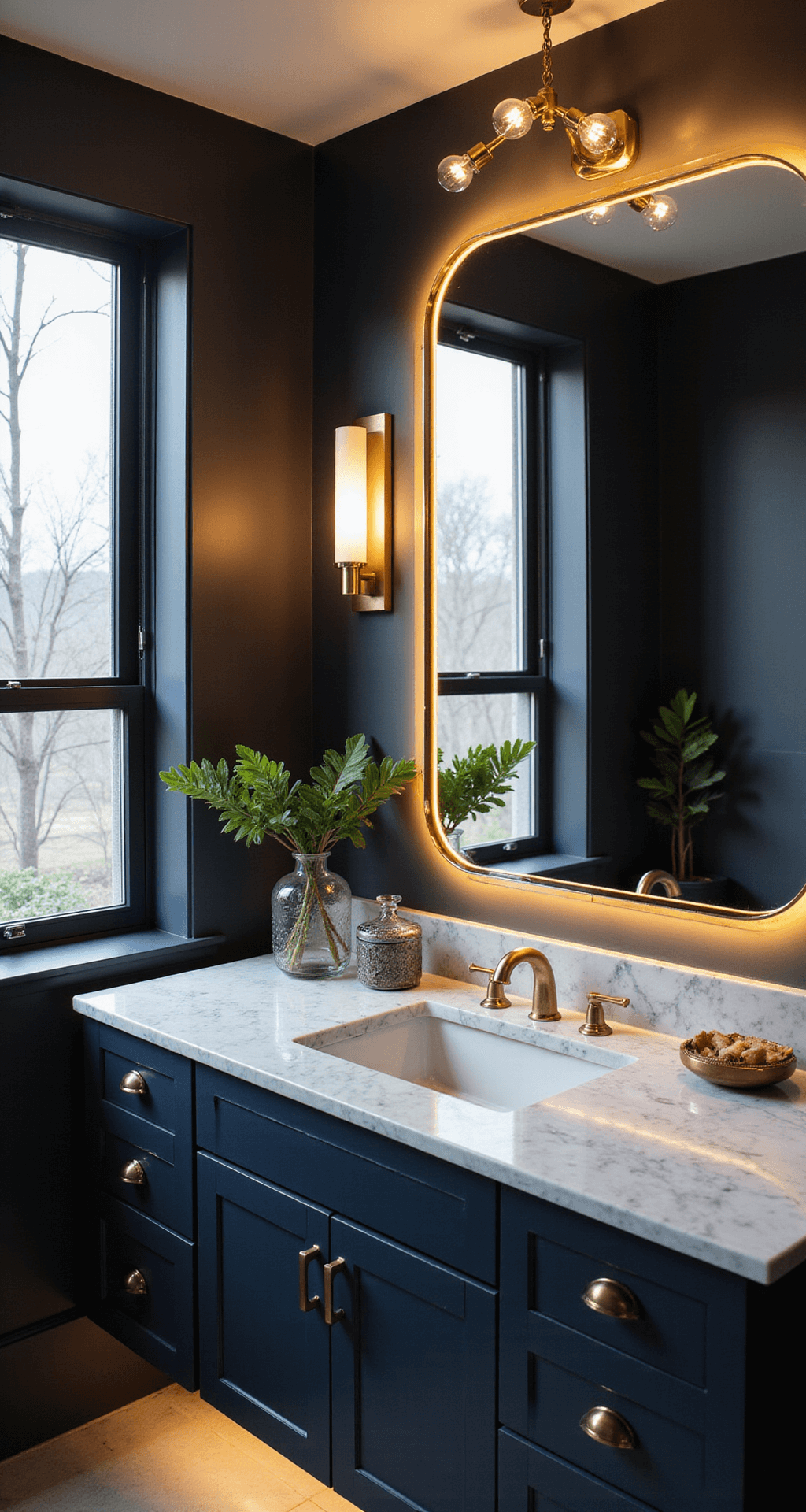 Beautiful Bathroom Decor: Transform Your Space into a Personal Sanctuary Sophisticated bathroom featuring a brass chandelier and LED strip lighting under a floating vanity, with a navy vanity cabinet and white marble countertops, all highlighted by natural light through sheer curtains, creating a luxurious atmosphere.